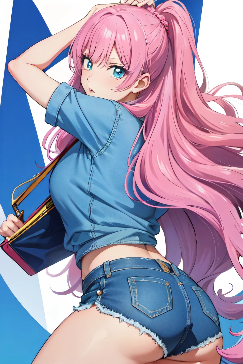 akari watanabe, long hair, solo,  pink hair, blue eyes, looking at viewer, annoyed look, round ass, thicc thighs,  1girl , A-line skirt, jeans