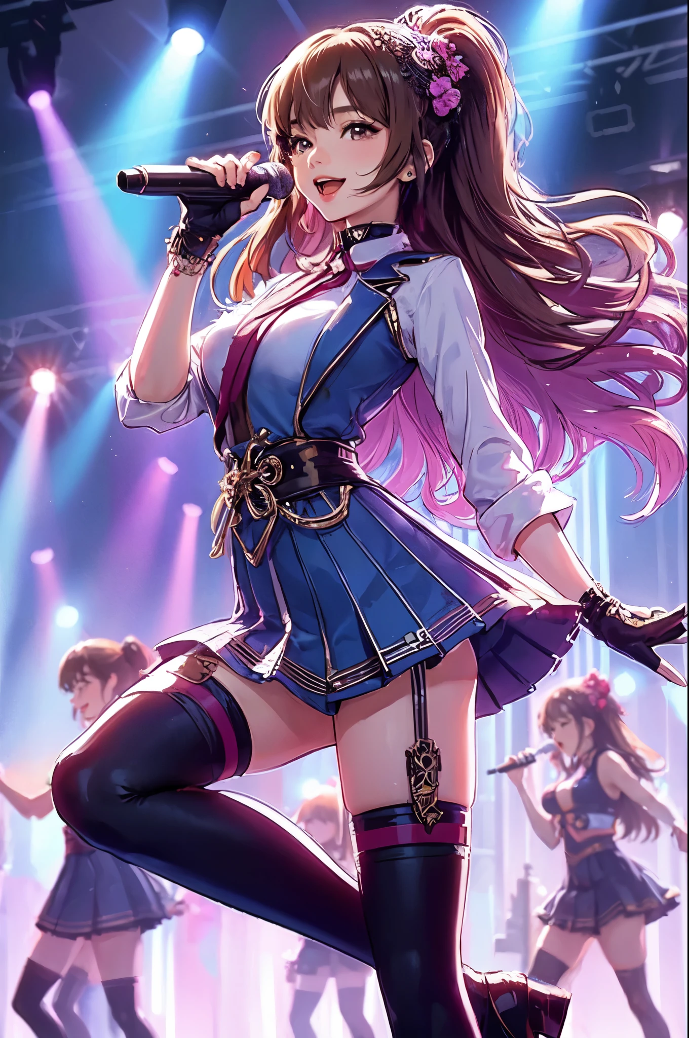 1lady solo, J-POP artist, (singing:1.2) (dynamic posing:1.2), (pop idle costume) stylish, mature female, /(light brown hair/) bangs, light smile, (masterpiece best quality:1.2) delicate illustration ultra-detailed, large breasts BREAK (holding a microphone) BREAK (music stage) indoors, spotlight, teammates, audience, detailed background