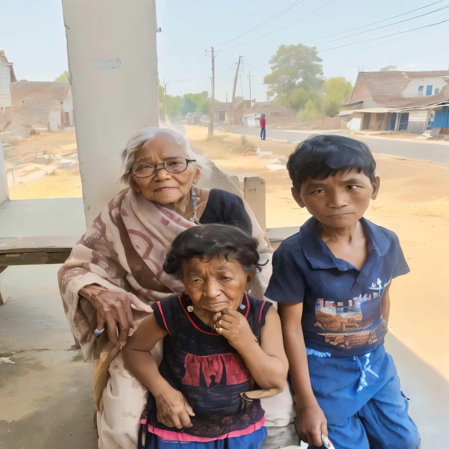 there are three children standing next to an older woman on a porch, in a village, taken with sony alpha 9, he is about 8 0 years old, interesting composition, with village, photo of poor condition, deep image, very very low quality picture, photo taken in 2 0 2 0, 70 years old, 7 0 years old, viral post
