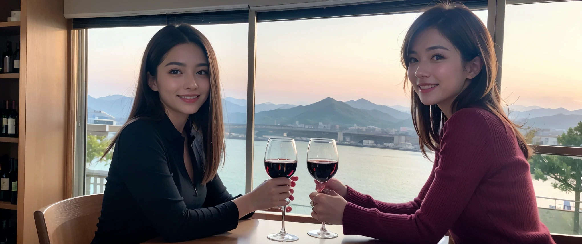 ((highest quality、8k、masterpiece:1.3))、Sharp focus:1.2、Beautiful woman perfect body:1.4、slimなボディ、((Bob Hale、Straight hair:1.2))、(to be born, highest quality, masterpiece:1.5), (Realistic, Intricate details:1.2), テーブルにwine glass、Shine light on your face、 Amazing view of the sunset sky and clouds、Amazing mountain views、ニコニコ明るいsmile、smileの素敵な女性、Bright image、2. The beauty of wine, Beautiful Face, blue eyes, The light shines on your face, Blushing, short hair,Bright Face、Fox face、 (43 years old), 39 years old, Lady、red wine 、Appetizers、Italian food、Wine bottle、Champagne、sparkling wine、Two beauties、Brown Hair、Shortcuts、Long sleeve shirt、dress、Pretty Woman 1, (slimな顔), (The body is slim), (Brown Hair), (Shortcuts), cheeks turn a little red,Attractive beauty、, Out of the window, A beautiful and detailed night view unfolds.........., restaurant, In a prominent place (From the waist up) Nova Frog Style, actress, model, Upper Body, White wine, slim, wine glass, 真ん中に置かれたwine glass, smile, (smile: 1.15), Beautiful fine grain, Depth f/2,saturation, High Contrast, Strong light and shadow,Moist Body:1.5、3D texture、Delicate eyes、Brown Hair、The hair is very shiny、