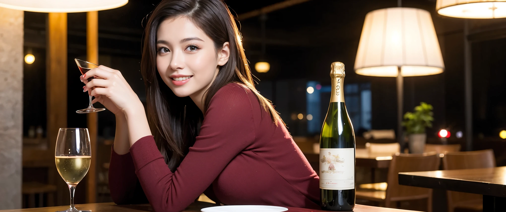 ((highest quality、8k、masterpiece:1.3))、Sharp focus:1.2、Beautiful woman perfect body:1.4、slimなボディ、((Bob Hale、Straight hair:1.2))、(to be born, highest quality, masterpiece:1.5), (Realistic, Intricate details:1.2), テーブルにwine glass、Shine light on your face、 Amazing view of the sunset sky and clouds、Amazing mountain views、ニコニコ明るいsmile、smileの素敵な女性、Bright image、2. The beauty of wine, Beautiful Face, blue eyes, The light shines on your face, Blushing, short hair,Bright Face、Fox face、 (43 years old), 39 years old, Lady、red wine 、Appetizers、Italian food、Wine bottle、Champagne、sparkling wine、Two beauties、Brown Hair、Shortcuts、Long sleeve shirt、dress、Pretty Woman 1, (slimな顔), (The body is slim), (Brown Hair), (Shortcuts), cheeks turn a little red,Attractive beauty、, Out of the window, A beautiful and detailed night view unfolds.........., restaurant, In a prominent place (From the waist up) Nova Frog Style, actress, model, Upper Body, White wine, slim, wine glass, 真ん中に置かれたwine glass, smile, (smile: 1.15), Beautiful fine grain, Depth f/2,saturation, High Contrast, Strong light and shadow,Moist Body:1.5、3D texture、Delicate eyes、Brown Hair、The hair is very shiny、
