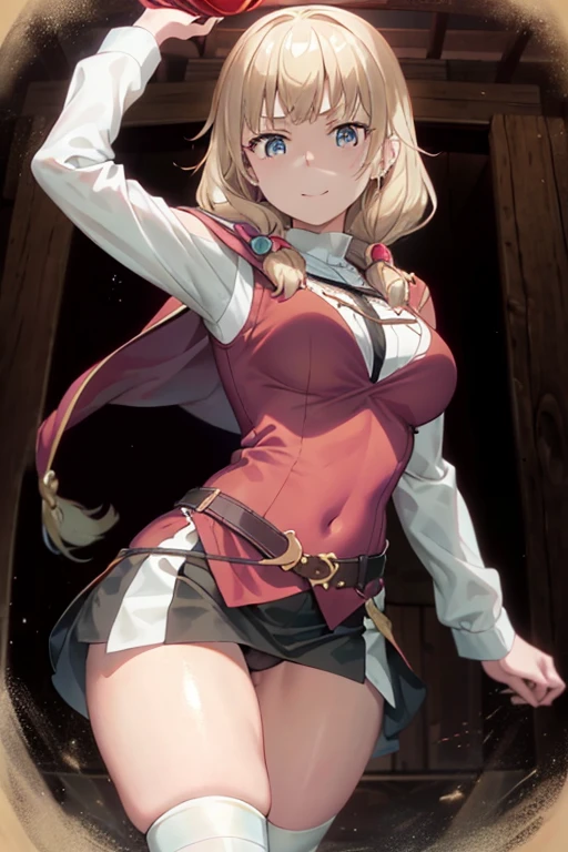 masterpiece, 1girl, sparrow, a blonde haired girl, wearing a brown viking clothes, curly medium hair, messy hair, slim body, wearing furry capelet with hoody, he close her left eye, shirt ornament, aqua eyes, sho show her back, ahoge, red vest, baby face, big breast, beautiful breasts, rounded breasts, braid hair, long sleeves, beautiful eyes, white stocking, droopy eyes, her age is 19 years old, smile, ancient viking
