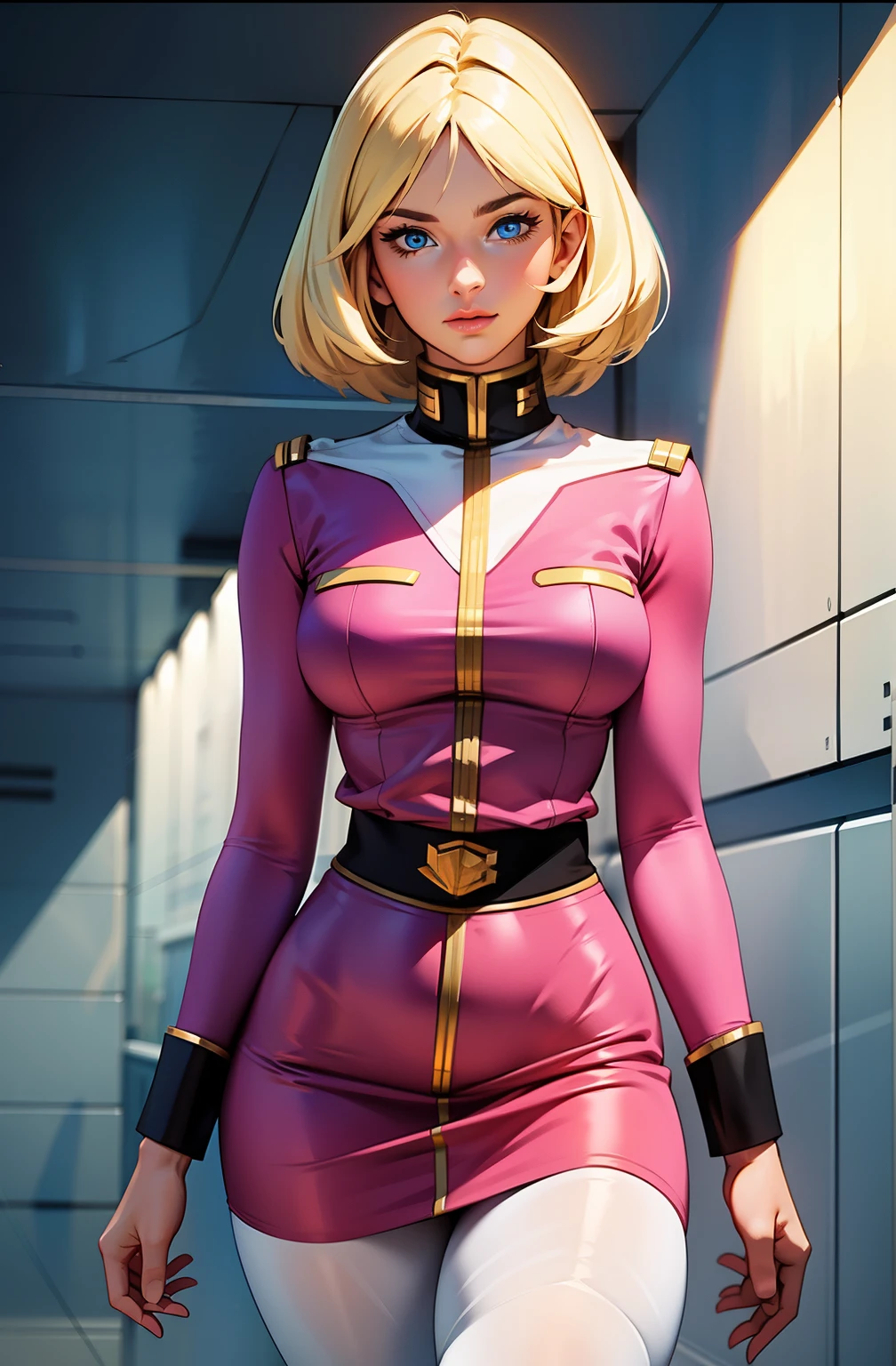 ((masterpiece)), ((cinematic lighting)), realistic photo、Real Images、Top image quality、1girl in, sayla mass, Elegant, masterpiece, Convoluted, slim arms, wide hips, thick thighs, thigh gaps, Best Quality, absurderes, high face detail, Perfect eyes, mature, Cowboy Shot, , Vibrant colors, soft pink uniform, soft pink Skirt, white tights