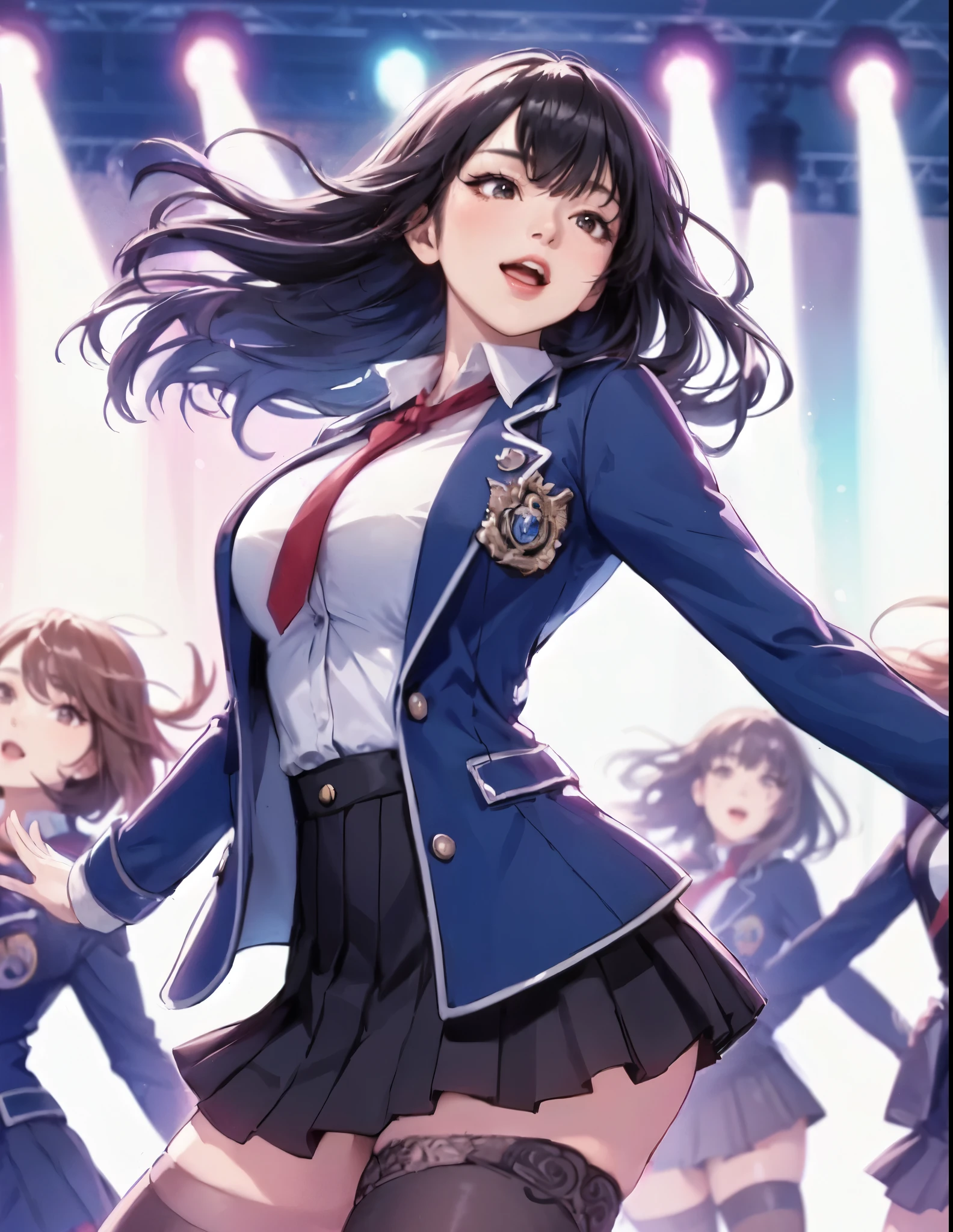 1lady solo, J-POP artist, (singing:1.2) (dynamic posing:1.2), (pop idle costume) stylish, mature female, /(black hair/) bangs, (light smile:0.8), (masterpiece best quality:1.2) delicate illustration ultra-detailed, large breasts BREAK (music stage) indoors, spotlight, teammates, audience, detailed background