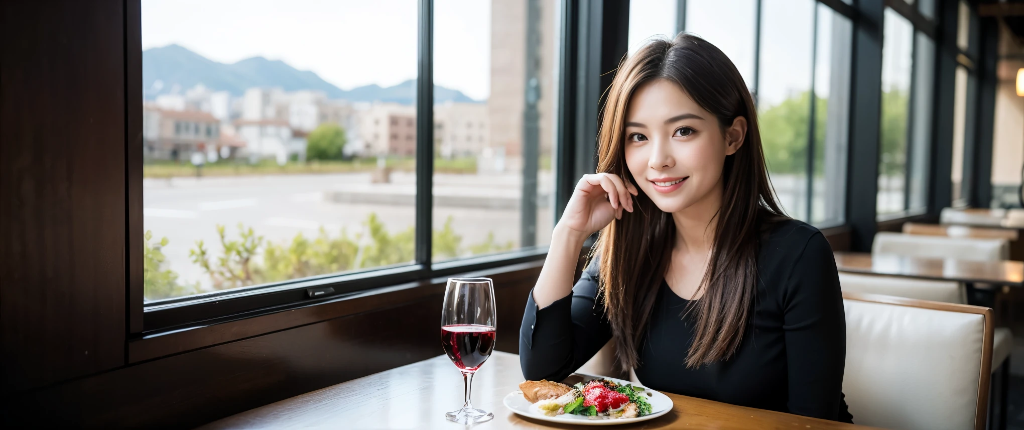 ((highest quality、8k、masterpiece:1.3))、Sharp focus:1.2、Beautiful woman perfect body:1.4、slimなボディ、((Bob Hale、Straight hair:1.2))、(to be born, highest quality, masterpiece:1.5), (Realistic, Intricate details:1.2), テーブルにwine glass、Put the light on your face、 Amazing view of the sunset sky and clouds、Amazing mountain views、ニコニコ明るいsmile、smileの素敵な女性、Bright image、2. The beauty of wine, Beautiful Face, blue eyes, The light shines on your face, Blushing, short hair,Bright Face、Fox face、 (43 years old), 39 years old, Lady、red wine 、Appetizers、Italian food、Wine bottle、Champagne、sparkling wine、Two beauties、Brown Hair、Shortcuts、Long sleeve shirt、dress、Pretty Woman 1, (slimな顔), (The body is slim), (Brown Hair), (Shortcuts), cheeks turn a little red,Attractive beauty、, Out of the window, A beautiful and detailed night view unfolds.........., restaurant, In a prominent place (From the waist up) Nova Frog Style, actress, model, Upper Body, White wine, slim, wine glass, 真ん中に置かれたwine glass, smile, (smile: 1.15), Beautiful fine grain, Depth f/2,saturation, High Contrast, Strong light and shadow,Moist Body:1.5、3D texture、Delicate eyes、Brown Hair、The hair is very shiny、