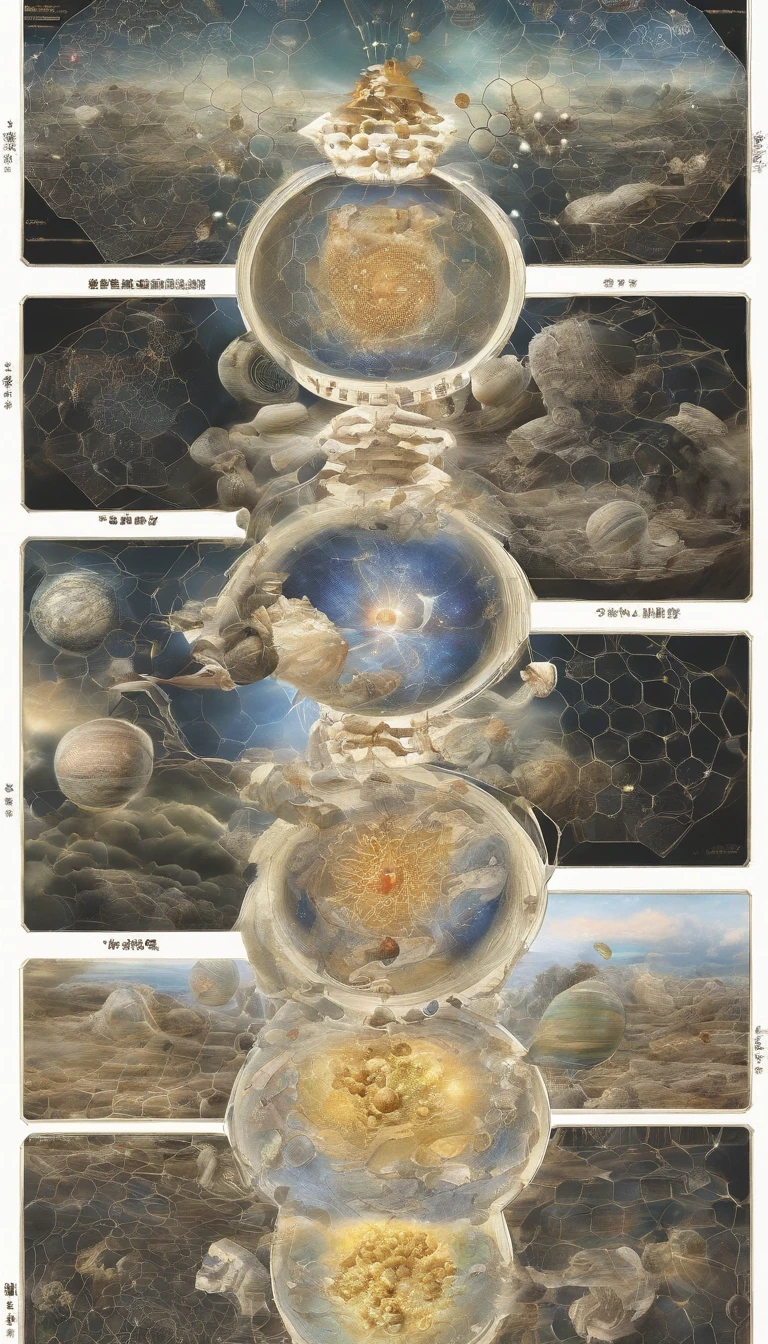 first，The parallel universe can be thought of as a giant beehive system，Each hive represents a possible universe。In each hive，There are countless possibilities，Each possibility represents a different event、Choices and Results。Each choice is like choosing a path in a hive.，The other paths not chosen correspond to other possible universes。
1. **Hive structure**：Describe the structure of the entire universe model，It can be likened to a complex network consisting of countless beehives.。Each hive represents a possible universe，The hives are connected to each other in some way.，Form a whole。

2. **Choices and consequences**：Describe the choices faced by individuals or characters in each hive，and the different outcomes that each choice may lead to。These Choices and Results can be physical actions、Thinking Decision、Even the interactions between universes。

3. **Role and identity**：Describe the roles or individuals in each hive，and their identities、Features and goals。These characters can be human、animal、Alien life, etc.，They may have different identities and destinies in different universes.。

4. **Interaction and influence**：Describe the interactions and impacts between different hives，That is, how the choices of one universe affect the development and outcomes of other universes。This could involve information transfer between parallel universes、Energy exchange mechanisms。

5. **Stability and dynamics of the model**：Describing the stability and dynamics of cosmological models，That is, the possible changes between universes、Evolution and Steady State。This can involve the interaction between parallel universes、Evolutionary laws, etc.。

Through these descriptions，Constructing a more comprehensive and detailed model of parallel universes，So as to better understand and explore the mysteries and possibilities。