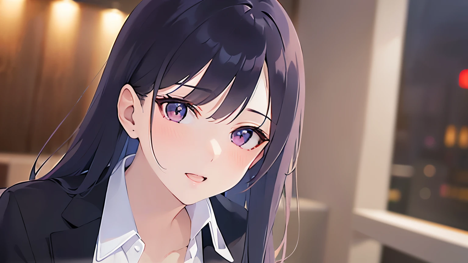 Cleavage、Portrait Photography, Realistic, real person, (pale skin: 1.2), (RAW photo:1.5), photorealistic, shiny skin, shiny hair、(Bangs)25 year old woman with straight hair) and (medium hair) and (black hair) and (purple eyes) , (business suit) and (white collared shirt), (blush:1.3), open mouth, The background is the interior of a restaurant at night.、alone、Sitting