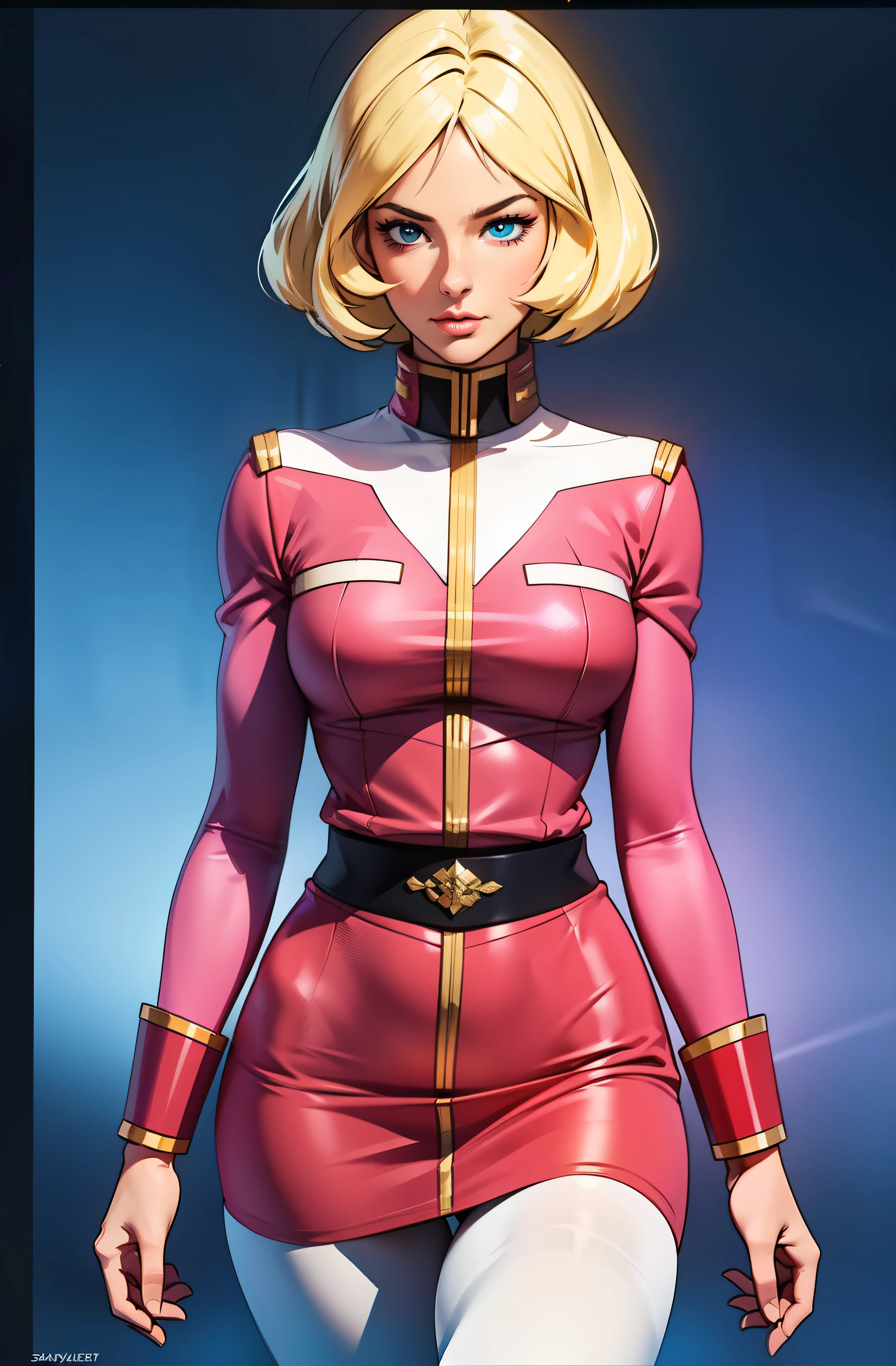 ((masterpiece)), ((cinematic lighting)), realistic photo、Real Images、Top image quality、1girl in, sayla mass, Elegant, masterpiece, Convoluted, slim arms, wide hips, thick thighs, thigh gaps, Best Quality, absurderes, high face detail, Perfect eyes, mature, Cowboy Shot, , Vibrant colors, soft pink uniform, soft pink Skirt, white tights