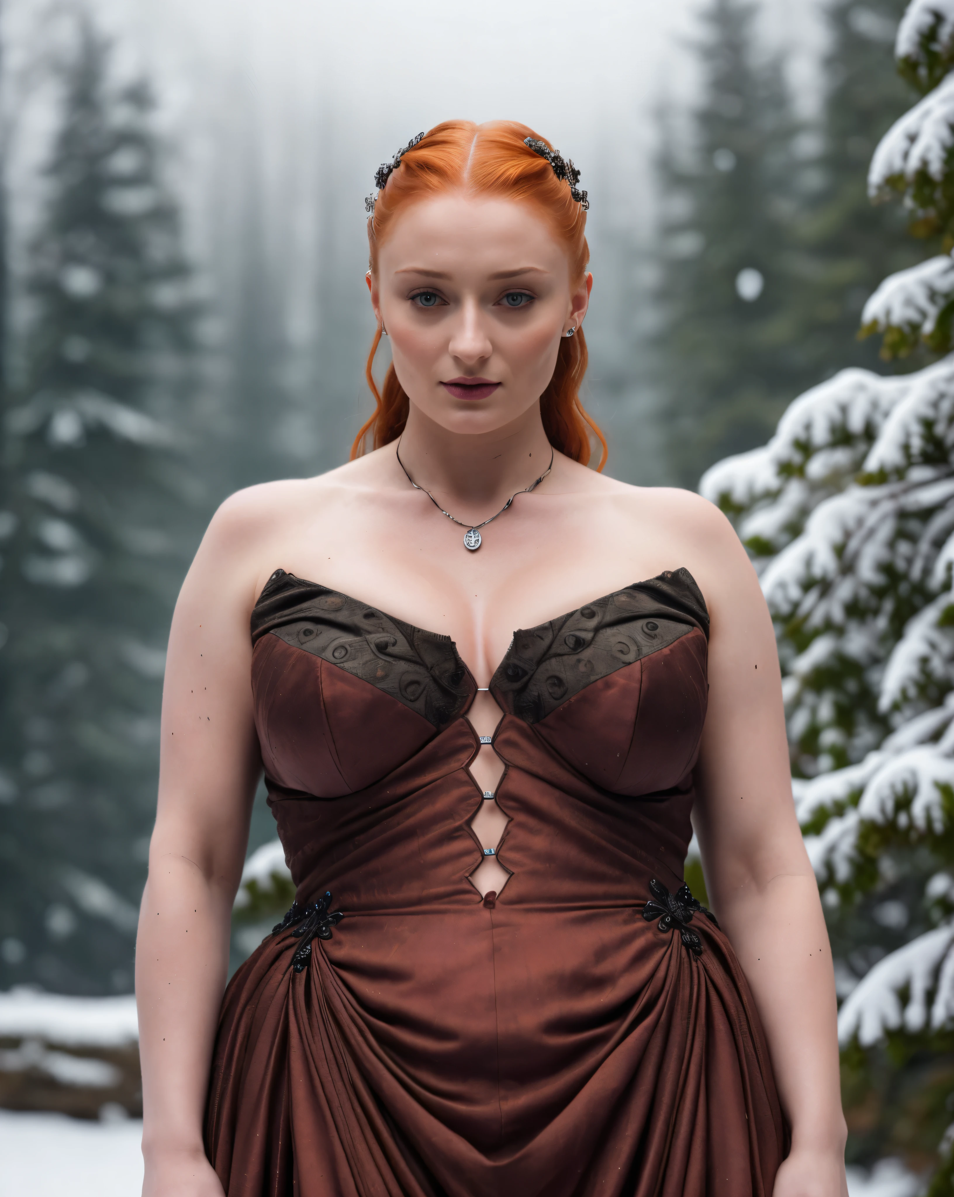 Face of Sophie Turner, Sansa Stark played by Sophie Turner, the de facto Lady of the Eyrie, is a 40-year-old mature queen with a stunning, alluring appearance. Full Face, pierced eyes, reddish lips, upper body shot, erotic Mediaeval costumes, game of thrones costumes, She wears a Game of Thrones-inspired costume and has a deep cleavage, a perfect thick body, and a perfect thick figure. The photograph captures her in a close-up, with her skin texture and facial features being ultra-realistic and realistic. Juicy thick figure, high quality skin, Skin pores, amazing details, snow, snow flakes, semi realistic, extremely detailed eyes, dark moody orange and black settings, cool environment, artificial intelligence, winter, winter scene,