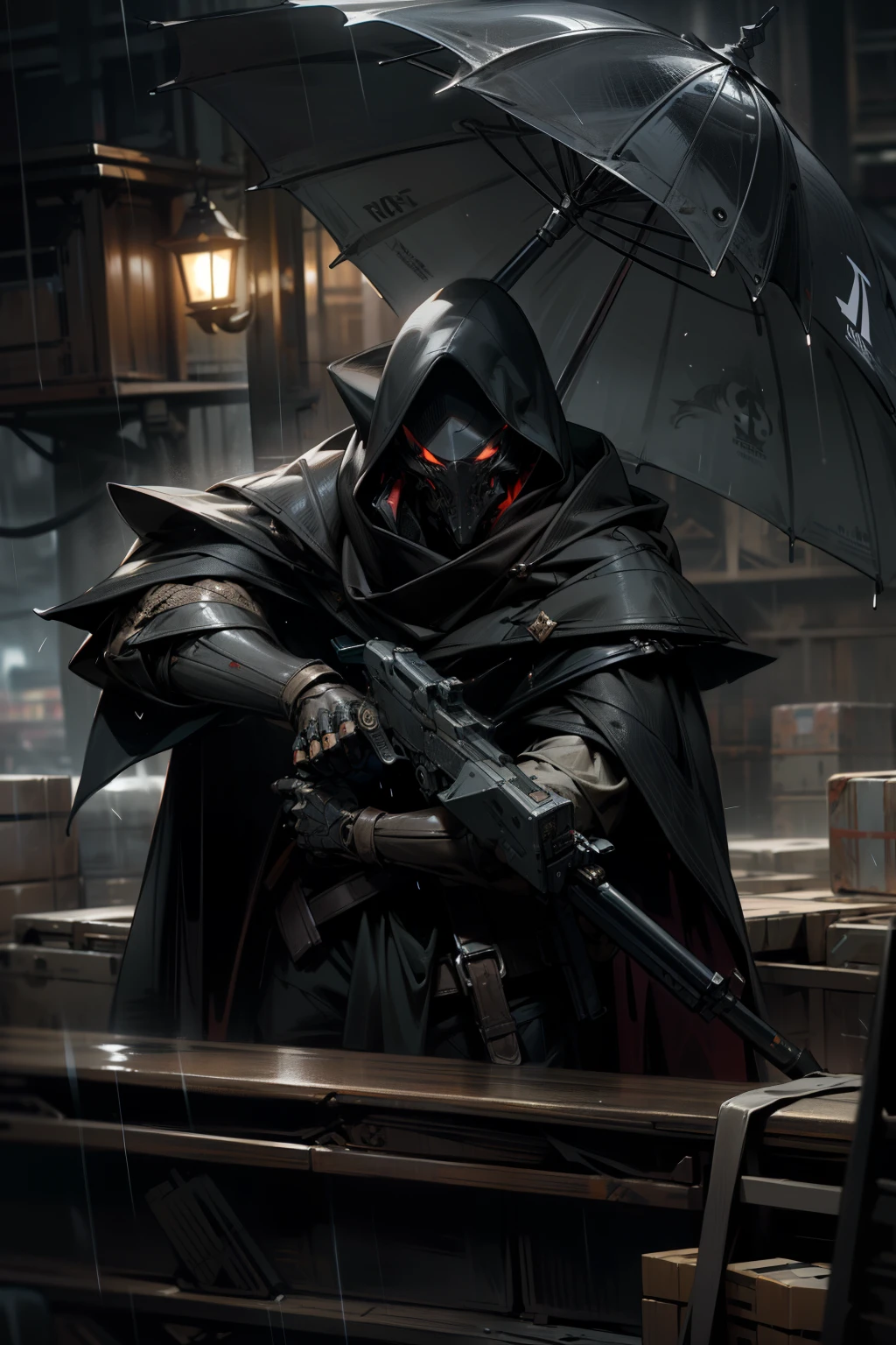 Dark_Fantasy, Thriller, (spy, cape, mask, gun, shipment), One_man, Rainy_Night, CoD_style, Close-up_shot, Realistic_rendering, Ultra_high_detail, Dark_and_dramatic, Unreal_Engine_5, Rain_pouring_heavily, Ray_tracing_effects, Strong_storm_atmosphere.
A lone spy, clad in a short cape and wearing a mask, stands menacingly over a crated shipment. The scene is set against the backdrop of a raging storm, the rain cascading down in