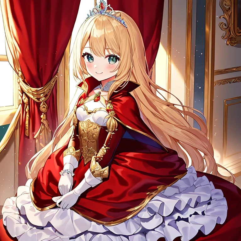 (kawaii),(best quality),(ultra detailed), upper body,(rococo style),(long train red cape:1.15), very long cape,(long train white ball gown with flower decorations), a girl is wearing a cape over her gown, 1 little princess, tiara , smile, very long hair, small breasts