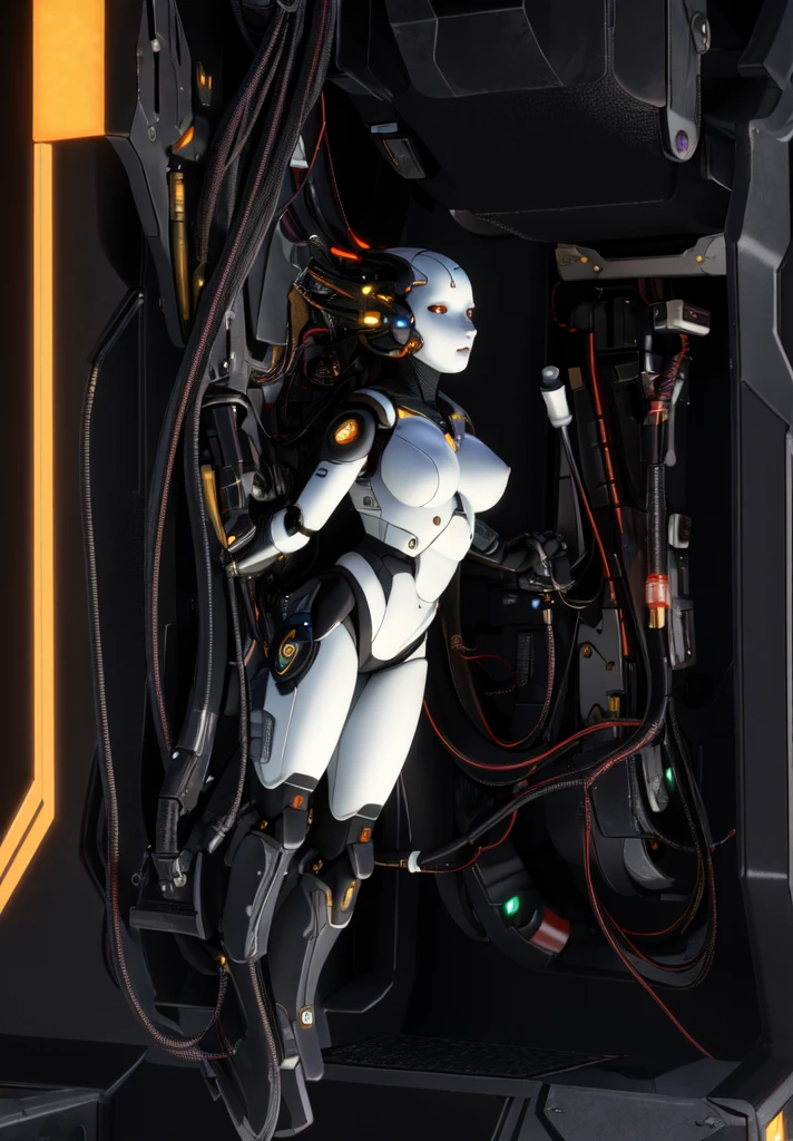 beautiful, masterpiece, best quality,perfect lighting, Adjutant, 1girl, solo, cyberpunk background, no humans, black background, joints, cable, tubes, full body, pussy view, medium breasts, nipples, no legs , metal cheeks, red eyes, front view, 