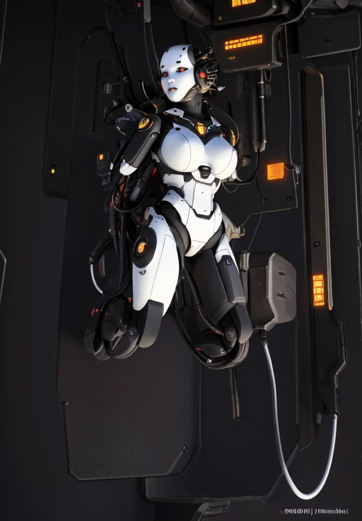 beautiful, masterpiece, best quality,perfect lighting, Adjutant, 1girl, solo, cyberpunk background, no humans, black background, joints, cable, tubes, full body, pussy view, medium breasts, nipples, no legs , metal cheeks, red eyes, front view, 