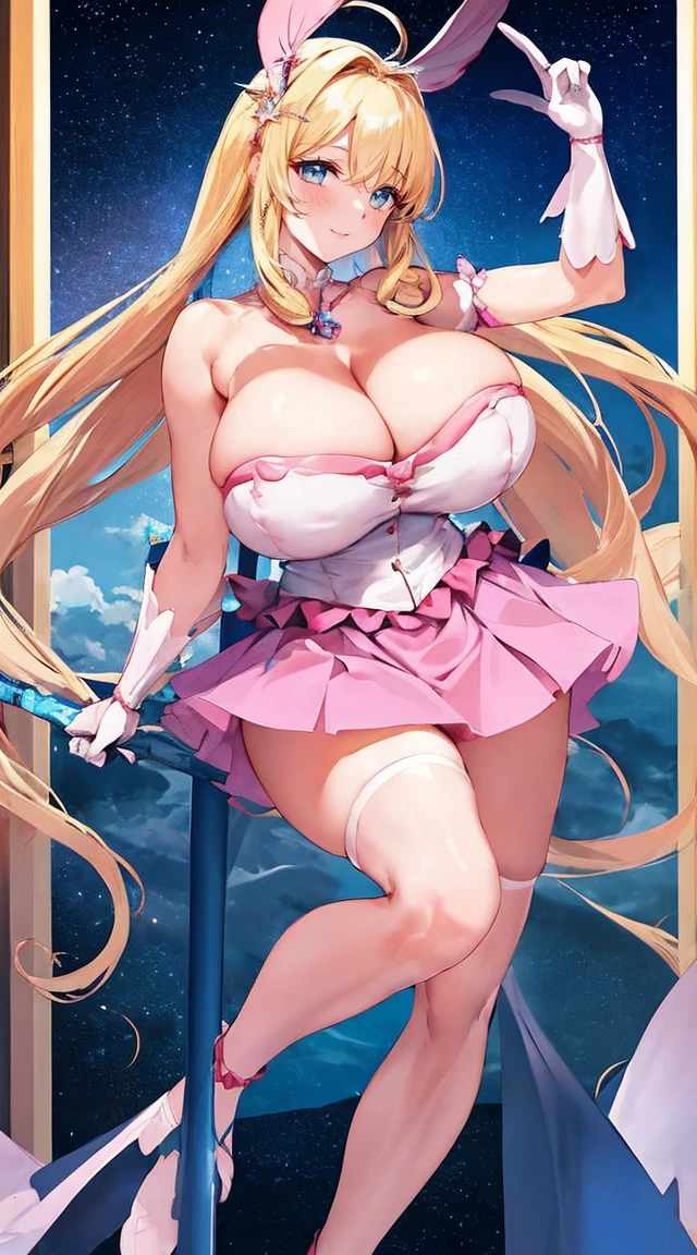 masterpiece, best quality, high resolution, Uh-huh, Uh-huh, Double tail, Headdress, blue eyes, Long hair, Ahog, Hair accessories, Idol, skirt, Gloves,(best quality, High resolution, masterpiece:1.2), Super detailed,1.37, portrait, Bright colors, Studio Lighting, Clear focus, Physically Based Rendering, Long hair, blue eyes, Beautiful and delicate eyes, Beautiful and delicate lips, Double tail, Headdress, Ahog, Hair accessories, Idol, skirt, Gloves, permanent, Smile, (Huge breasts:1.2), (Cleavage), Curvy beauty, staff, Long skirt, permanent, whole body, flip flops