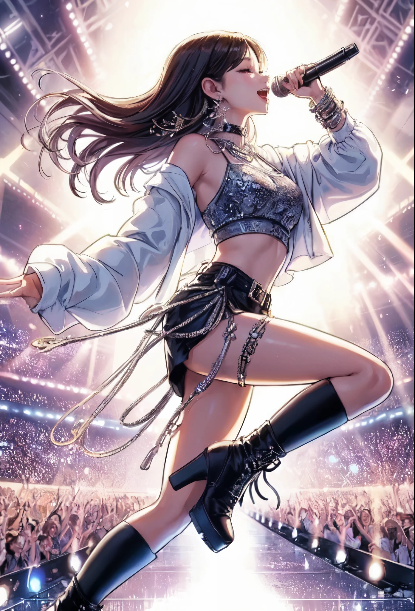 1lady solo, K-POP artist, (singing:1.2) (dynamic posing:1.2), (stylish outfit), mature female, /(black hair/) bangs, light smile, (eyes lightly closed), (masterpiece best quality:1.2) delicate illustration ultra-detailed, large breasts BREAK (holding a microphone) BREAK (music stage) indoors, spotlight, audience, detailed background