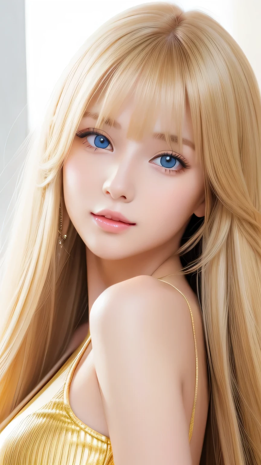 Beautiful super long straight silky hair with a dazzling golden shine、Bright expression、Blonde girl posing in a white top、long golden bangs between the eyes of the eyes,,,、Glossy fair skin、Glowing Cheeks、Reality Girls、16-year-old girl、Beautiful girl with shining golden platinum blonde、Beautiful big bright blue eyes