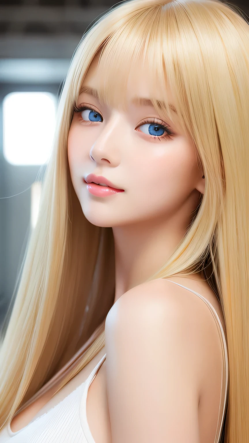 Beautiful super long straight silky hair with a dazzling golden shine、Bright expression、Blonde girl posing in a white top、long golden bangs between the eyes of the eyes,,,、Glossy fair skin、Glowing Cheeks、Reality Girls、16-year-old girl、Beautiful girl with shining golden platinum blonde、Beautiful big bright blue eyes