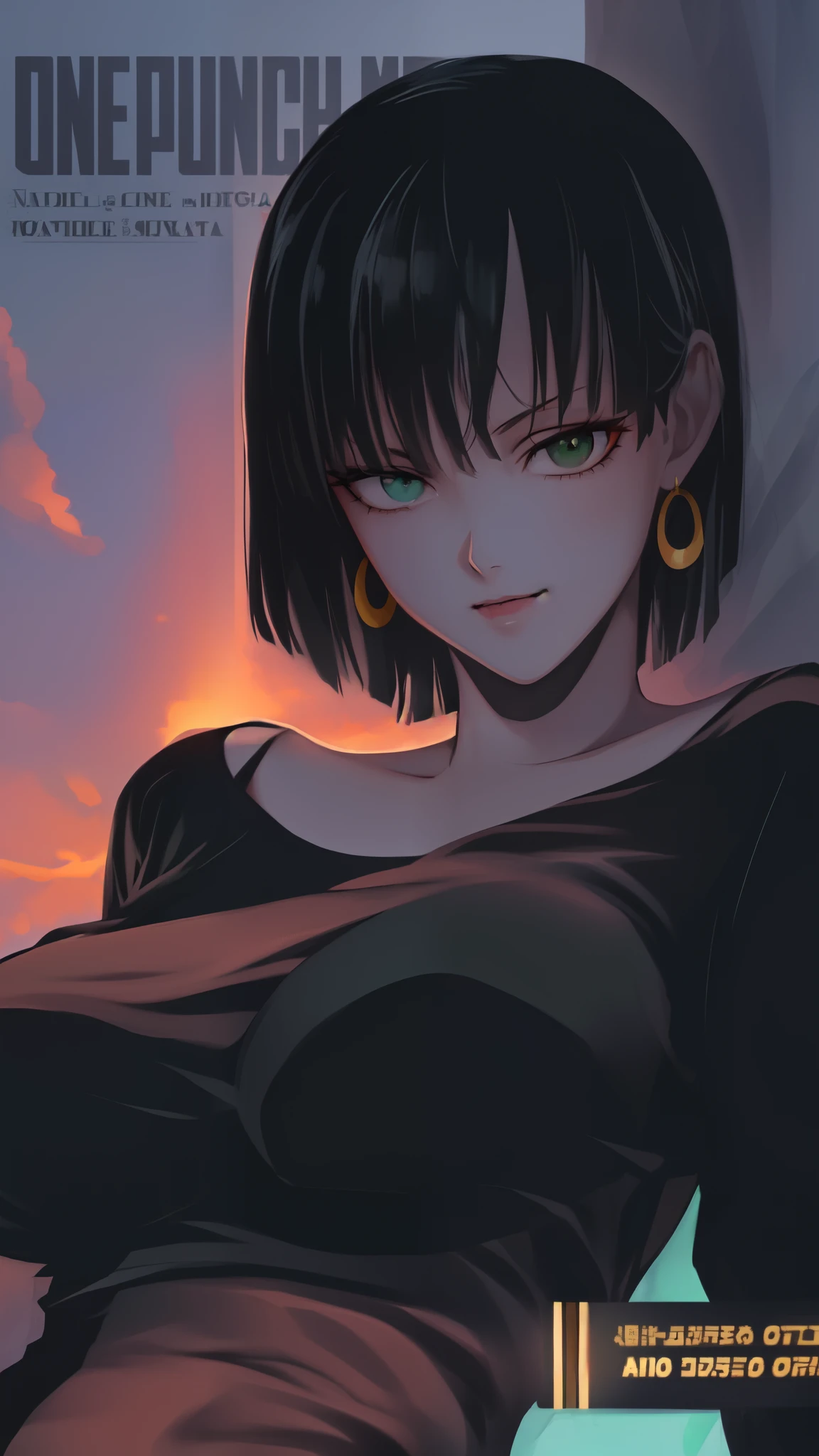 a woman in a black dress is posing for a picture, dark green hair, green eyes s, ear rings, sunset background, anime art style, 