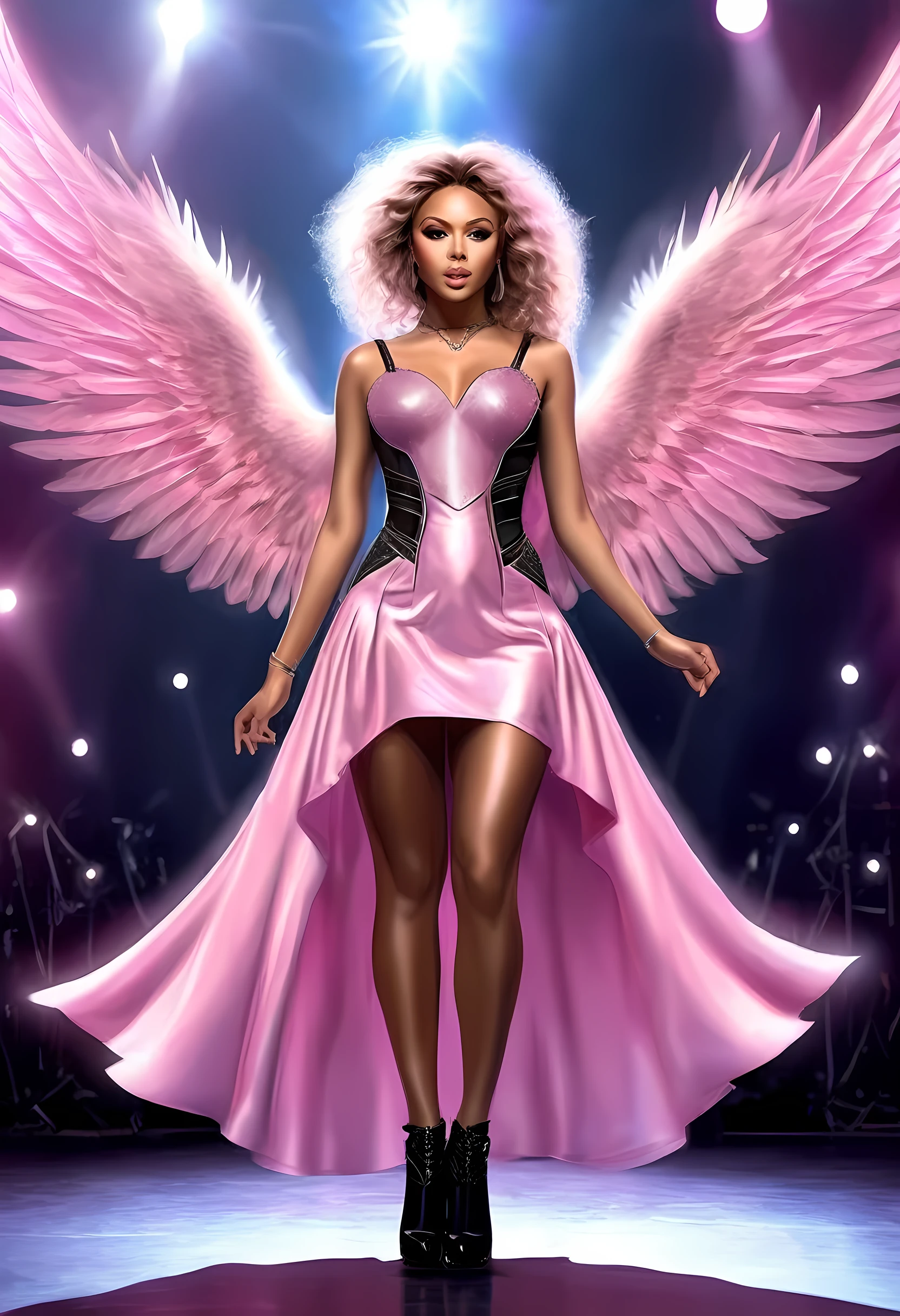 arafed, a picture of an angel rock star on stage, the angel, an exquisite beautiful female angel, dynamic hair style, dynamic hir color, wears a (pink: 1.3) intricate dress, (black: 1.2) high heels, her angelic wings are spread and has many lights shining on the, rock star, rock concert stage background best quality, 16k, [ultra detailed], masterpiece, best quality, (ultra detailed), full body, ultra wide shot, photorealism, armored dress, LightningMagicAI