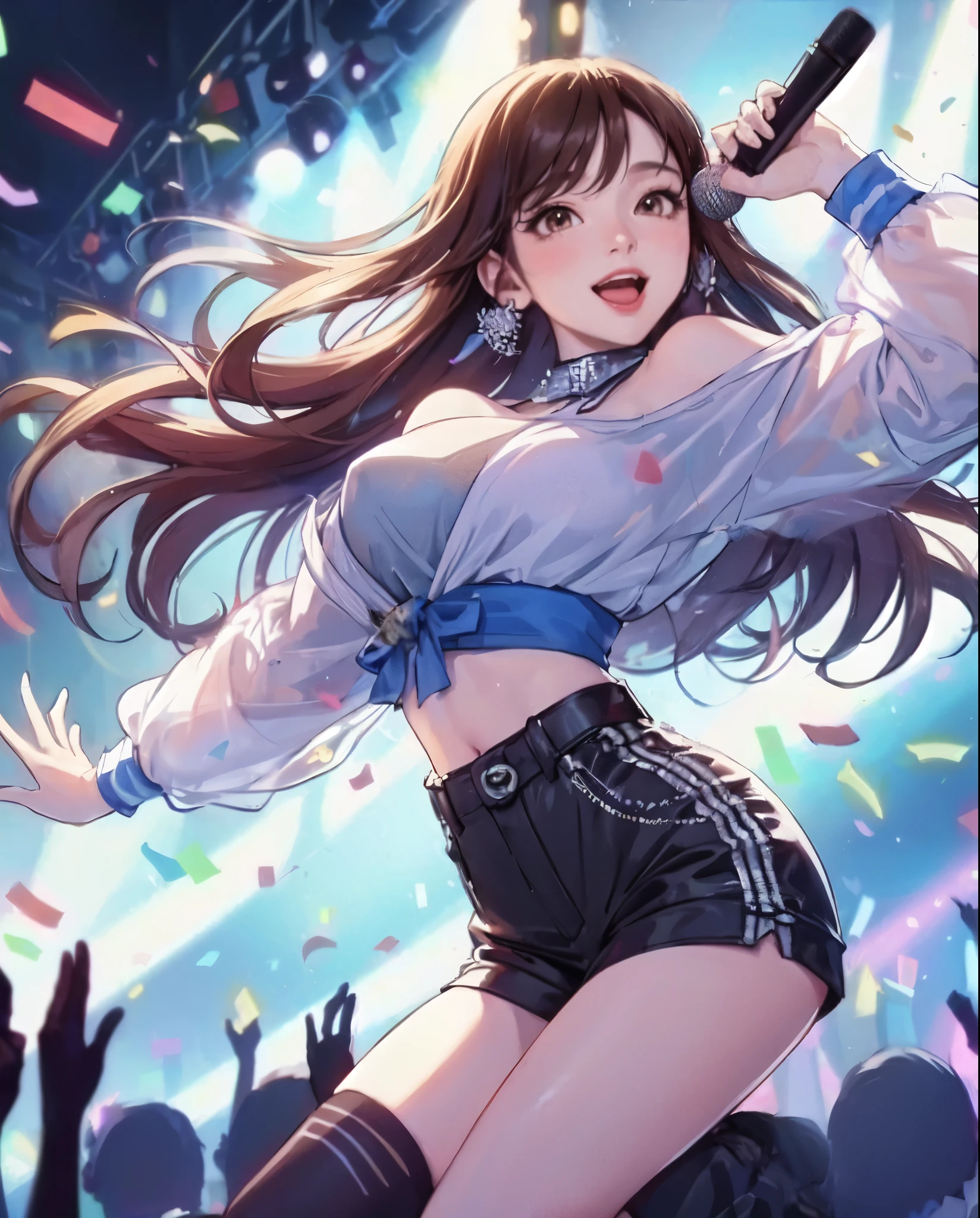 1lady solo, K-POP artist, (singing:1.2) (dynamic posing:1.2), (stylish outfit), mature female, /(brown hair/) bangs, light smile, (masterpiece best quality:1.2) delicate illustration ultra-detailed, large breasts BREAK (holding a microphone) BREAK (music stage) indoors, spotlight, audience, detailed background