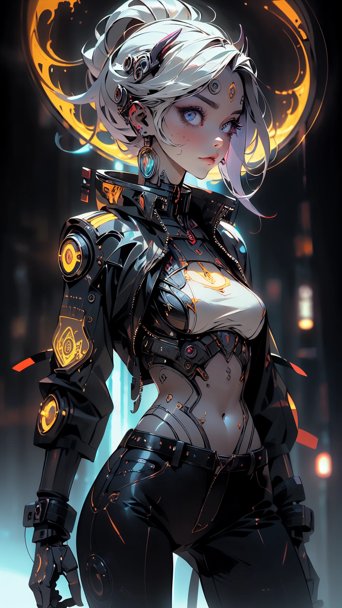 The prompt for the given theme is: "black color, ram's head, Death's scythe, infernal horror, overlooking, tattered clothes, downward gaze, illustrations, highres, ultra-detailed, dark fantasy, sharp focus, vivid colors, dramatic lighting, bokeh". female robot pilot, mechanical creature, electronic wires relays computer nerves, girl face, dystopian surrealism, alex ries zdzisaw beksinski giger, very intricate details, demon chinese female, deep luminous eyes contain galaxies, head contains nebula, deep aesthetic, concept art, carved silver circuits diodes resistors semiconductors, highly ornate