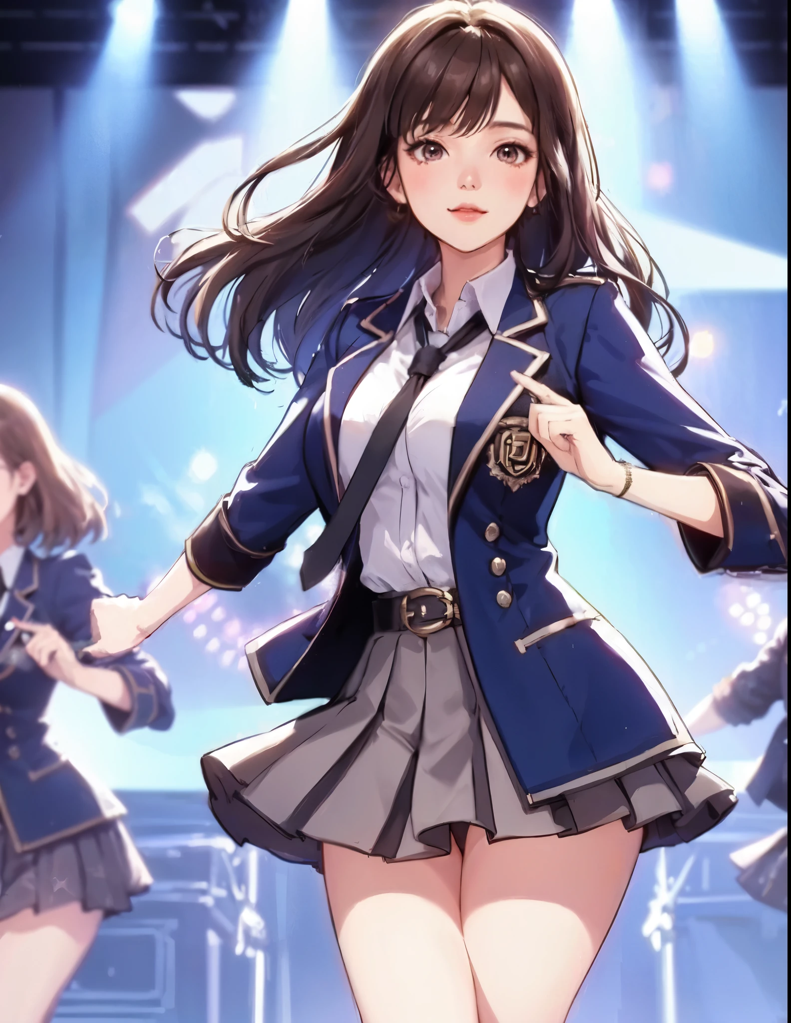 1lady solo, J-POP artist, (dynamic posing:1.2), (pop idle costume) stylish, mature female, /(dark brown hair/) bangs, (light smile:0.8), (masterpiece best quality:1.2) delicate illustration ultra-detailed, large breasts BREAK (music stage) indoors, spotlight, teammates, audience, detailed background