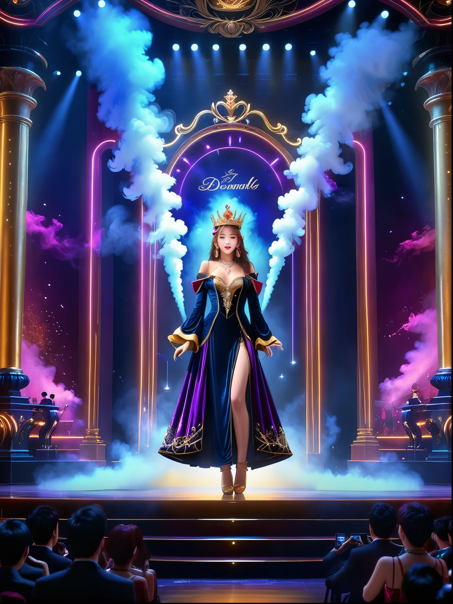 (Vision:1.8)，1girl, concert，(audience:1.5), (Idol stage:1.5)，weekend，站在金碧辉煌的Idol stage上，Wearing a golden crown，Dressed in a royal purple velvet robe，Wearing exquisite jewelry，Under the stage lights，A confident expression，The slim microphone fits in your hand，The stage is filled with smoke，Lights focus on people，It creates a mysterious and charming atmosphere，Beautiful eyes and lips，Even more attractive against the shadow background，Laser shows and moving stage effects complement the pulsating neon lights，Create a vibrant performance atmosphere，The stage floor is gleaming，The crowd was enthusiastic，Warm atmosphere，Eye-catching stage design，Full of technology，World-class production standards，Bringing a modern entertainment experience，Music and images blend perfectly，Demonstrating artistic expression and musical talent，The charming stage style makes people intoxicated，Best quality，8K, high resolution，masterpiece，Photorealistic effects，(从远处观看Idol stage:1.6)，((Stage scene in telescope))