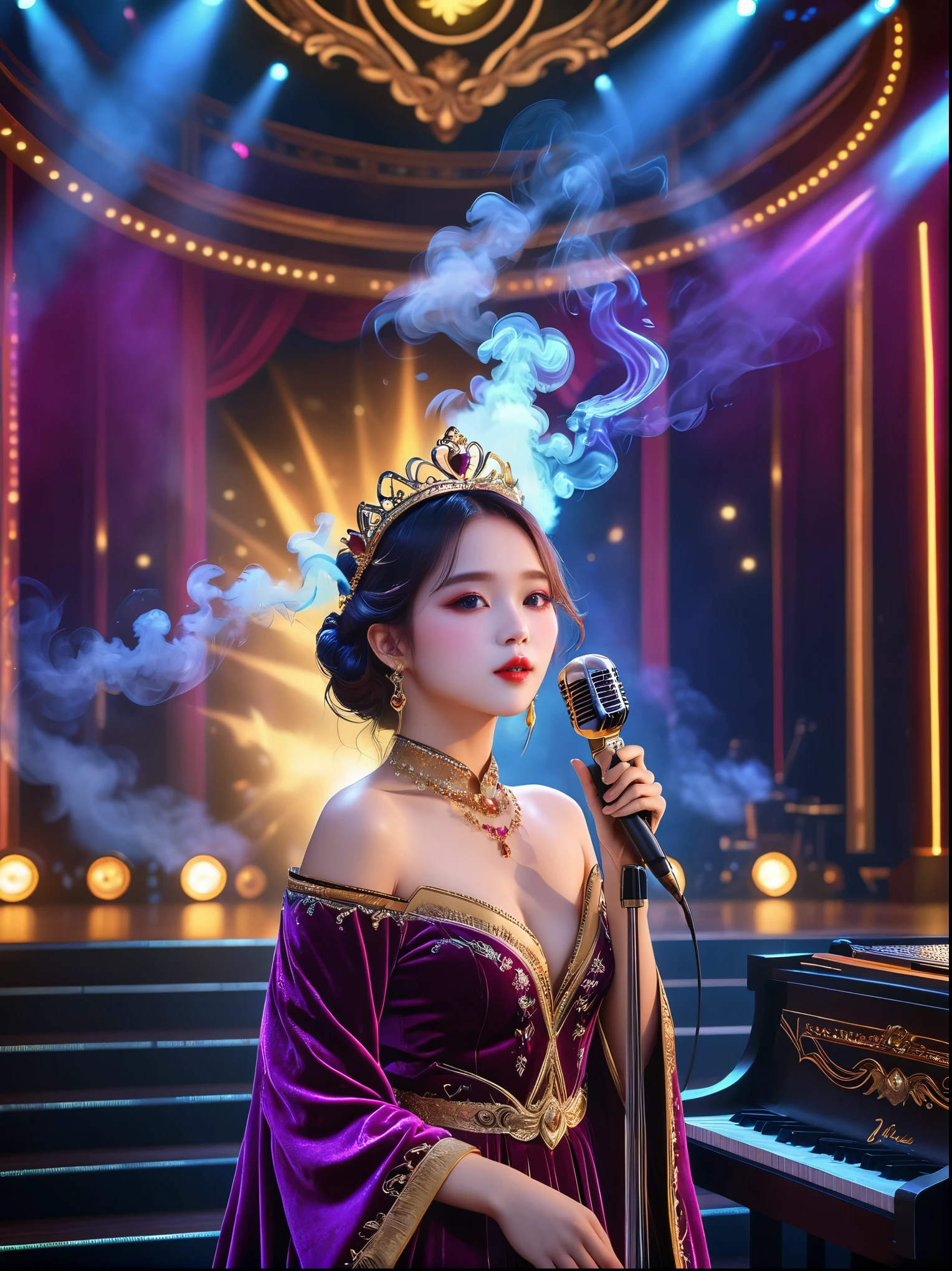 (Vision:1.8)，1girl, concert，(audience:1.5), (Idol stage:1.5)，weekend，站在金碧辉煌的Idol stage上，Wearing a golden crown，Dressed in a royal purple velvet robe，Wearing exquisite jewelry，Under the stage lights，A confident expression，The slim microphone fits in your hand，The stage is filled with smoke，Lights focus on people，It creates a mysterious and charming atmosphere，Beautiful eyes and lips，Even more attractive against the shadow background，Laser shows and moving stage effects complement the pulsating neon lights，Create a vibrant performance atmosphere，The stage floor is gleaming，The crowd was enthusiastic，Warm atmosphere，Eye-catching stage design，Full of technology，World-class production standards，Bringing a modern entertainment experience，Music and images blend perfectly，Demonstrating artistic expression and musical talent，The charming stage style makes people intoxicated，Best quality，8K, high resolution，masterpiece，Photorealistic effects，(从远处观看Idol stage:1.6)，((Stage scene in telescope))