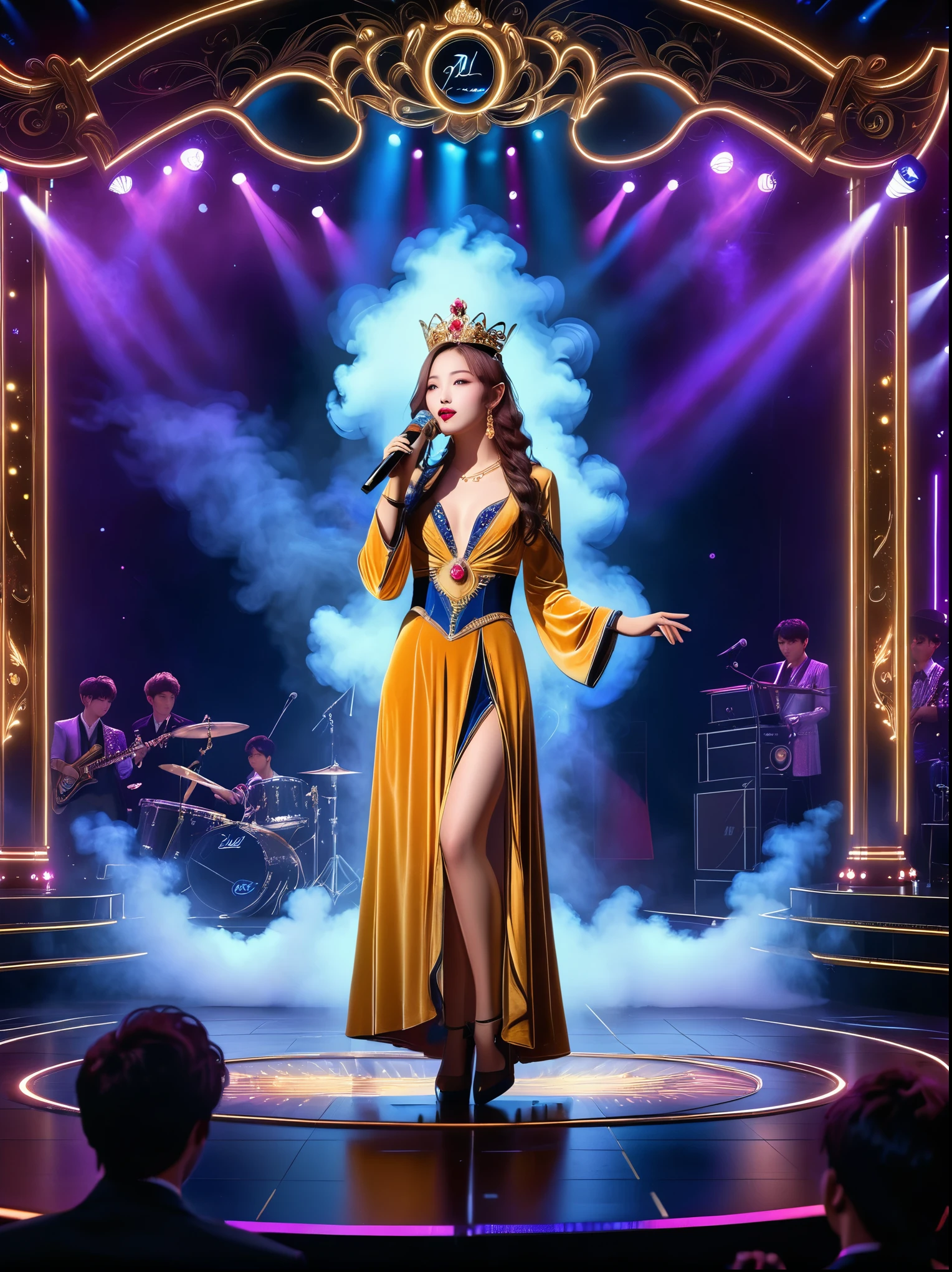 (Vision:1.8)，1girl, concert，(audience:1.5), (Idol stage:1.5)，weekend，站在金碧辉煌的Idol stage上，Wearing a golden crown，Dressed in a royal purple velvet robe，Wearing exquisite jewelry，Under the stage lights，A confident expression，The slim microphone fits in your hand，The stage is filled with smoke，Lights focus on people，It creates a mysterious and charming atmosphere，Beautiful eyes and lips，Even more attractive against the shadow background，Laser shows and moving stage effects complement the pulsating neon lights，Create a vibrant performance atmosphere，The stage floor is gleaming，The crowd was enthusiastic，Warm atmosphere，Eye-catching stage design，Full of technology，World-class production standards，Bringing a modern entertainment experience，Music and images blend perfectly，Demonstrating artistic expression and musical talent，The charming stage style makes people intoxicated，Best quality，8K, high resolution，masterpiece，Photorealistic effects，(从远处观看Idol stage:1.6)，((Stage scene in telescope))