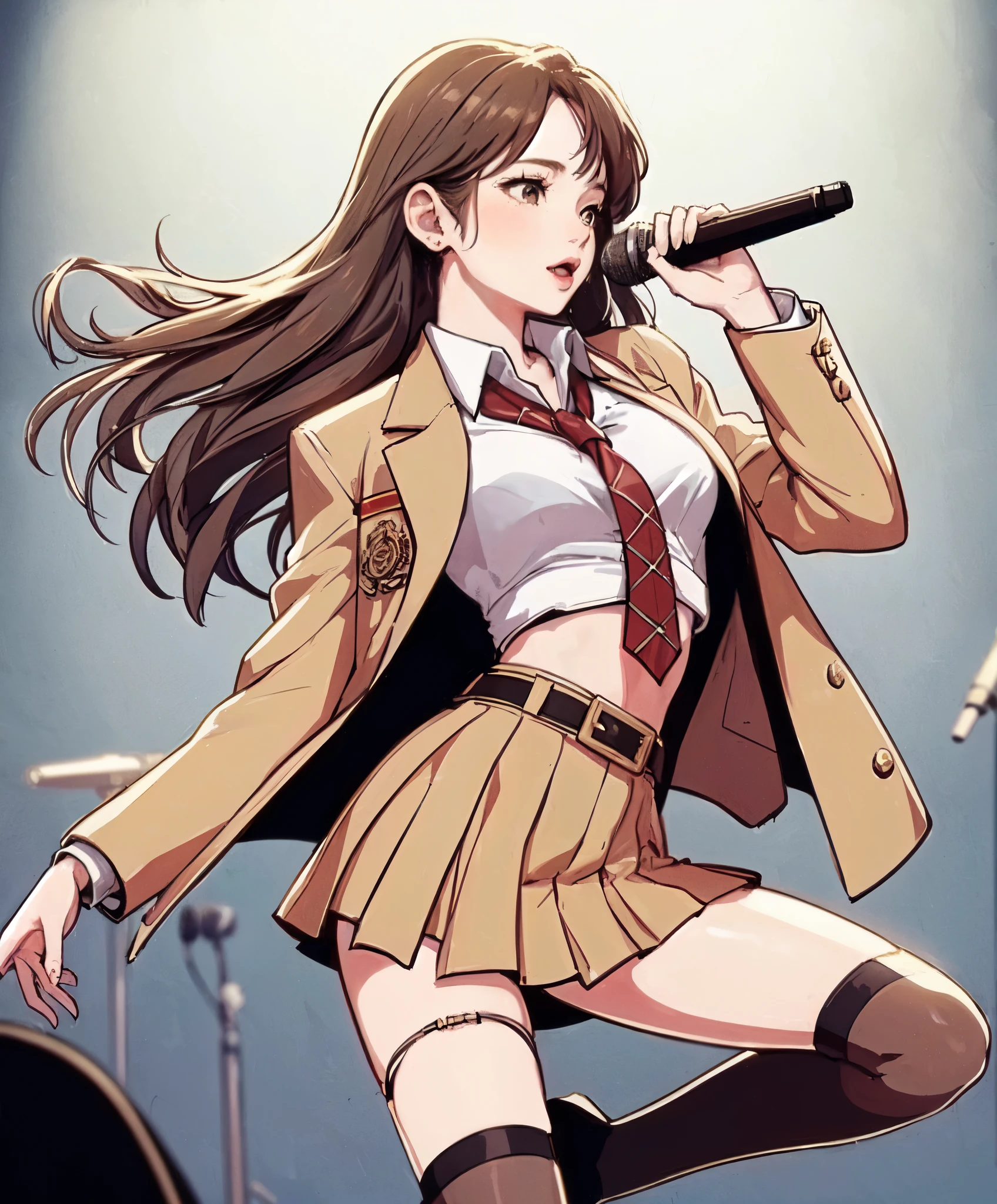 1lady solo, J-POP artist, (singing:1.2) (dynamic posing:1.2), (pop idle costume) stylish, mature female, /(brown hair/) bangs, (light smile:0.8), (masterpiece best quality:1.2) delicate illustration ultra-detailed, large breasts BREAK (holding a microphone) BREAK (music stage) indoors, spotlight, teammates, audience, detailed background