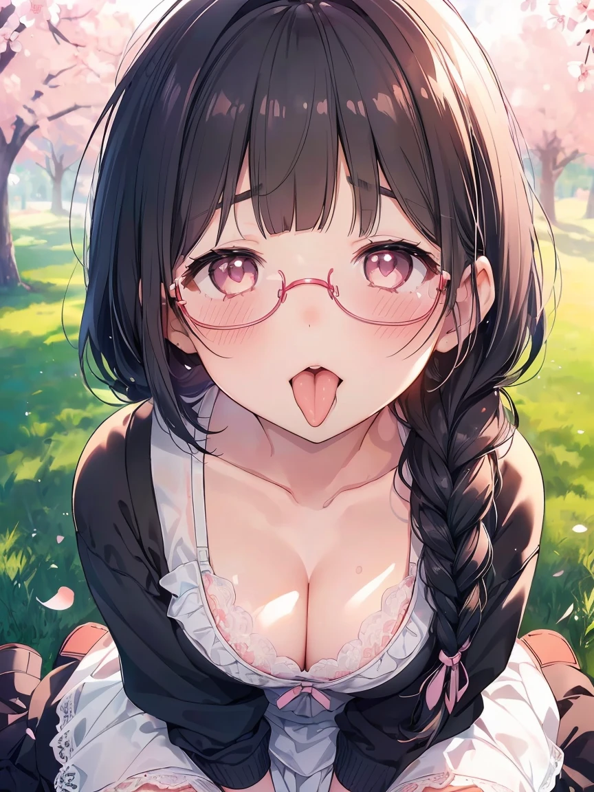 Very detailed, highest quality, High resolution, Moe Anime, ((A cute elementary school girl with black hair and droopy eyes)), ((Wearing large round glasses:1.4)), (Baby Face), Cute eyes, Detailed eye depiction, Sparkle in the eyes, View your viewers, Pale skin, (Droopy eyes:1.4, Fatty face:1.4), smile, Focus on the face, In the park with cherry blossoms falling, Sitting, (Extreme close up of tongue), (((From above))), Open your mouth, (((Face only:1.3))), ((White lace lingerie)), Bright Eyes, Light from the front, (Put your hands between your legs:1.4), (large and long tongue:1.2), Cleavage, Braided Hair, Pink ribbon