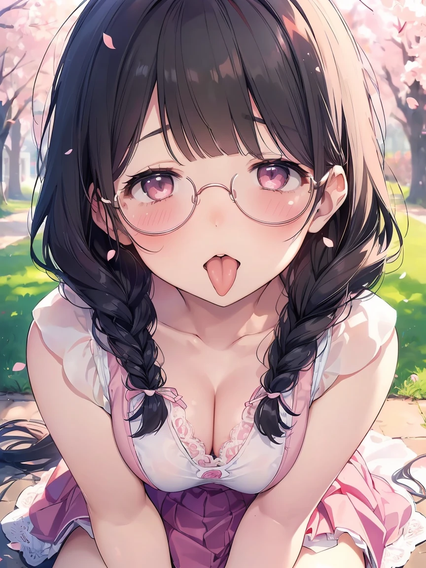 Very detailed, highest quality, High resolution, Moe Anime, ((A cute  with black hair and droopy eyes)), ((Wearing large round glasses:1.4)), (Baby Face), Cute eyes, eye depiction, Sparkle in the eyes, View your viewers, Pale skin, (Droopy eyes:1.4, Fatty face:1.4), smile, Focus on the face, In the park with cherry blossoms falling, Sitting, (Extreme close up of tongue), (((From above))), Open your mouth, (((Face only:1.3))), ((White lace lingerie)), Bright Eyes, Light from the front, (Put your hands between your legs:1.4), (large and long tongue:1.2), Cleavage, Braided Hair, Pink ribbon