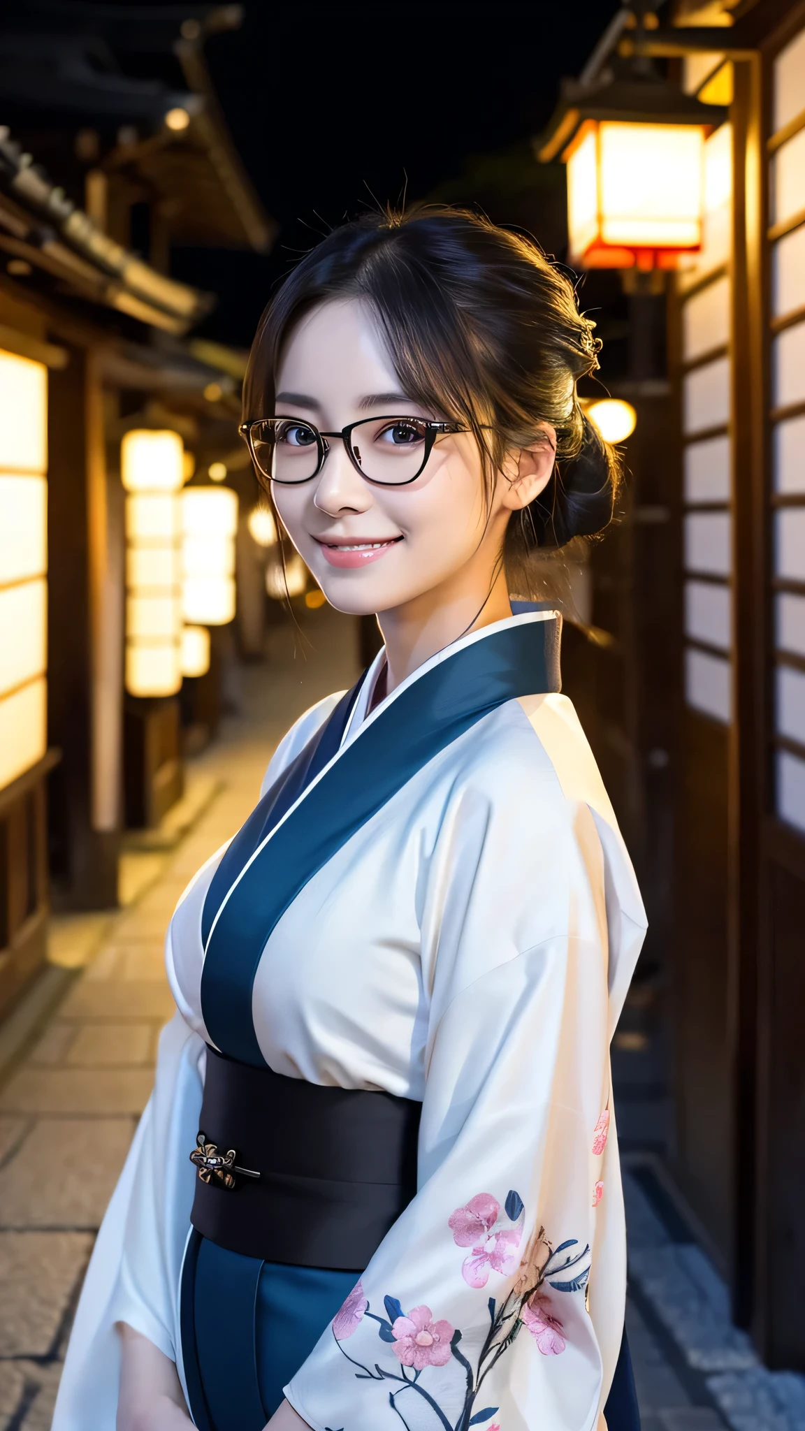 (Super beautiful woman in kimono)、((highest quality、8K masterpiece:1.3))、sharp focus:1.2、(super beautiful face:1.0)、(shiny skin:1.0)、realistic pictures、black hair、video lighting、High resolution eyes and face、video lighting、japanese actress、from the front、big breasts、with a happy smile、Slender abs beauty、whole body、wearing a kimono、in Kyoto、(((luxury obi)))、In Kyoto at night、wearing glasses with no edge