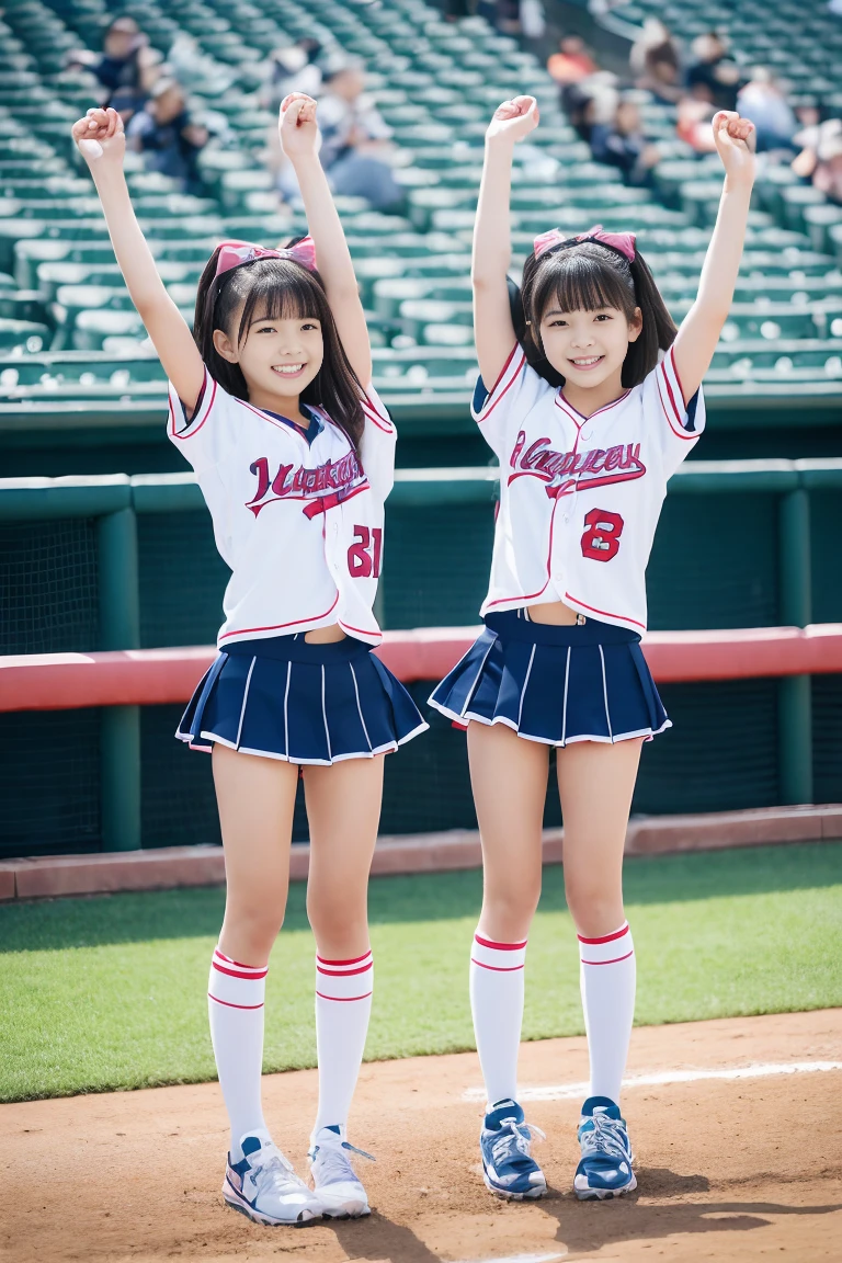 (ultra best quality、8K、masuter piece、delicate illustration、full body Esbian)、Two very cute Japan girls of about 10 years old、 body type, (Cheergirl 1.3)、huge smile、Cheergirls cheering cheerfully、baseball field
