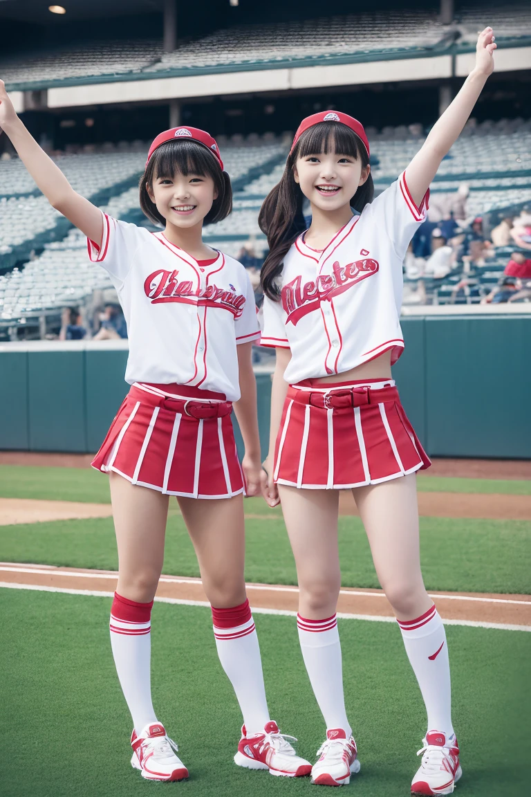 (ultra best quality、8K、masuter piece、delicate illustration、full body Esbian)、Two very cute Japan girls of about 10 years old、 body type, (Cheergirl 1.3)、huge smile、Cheergirls cheering cheerfully、baseball field