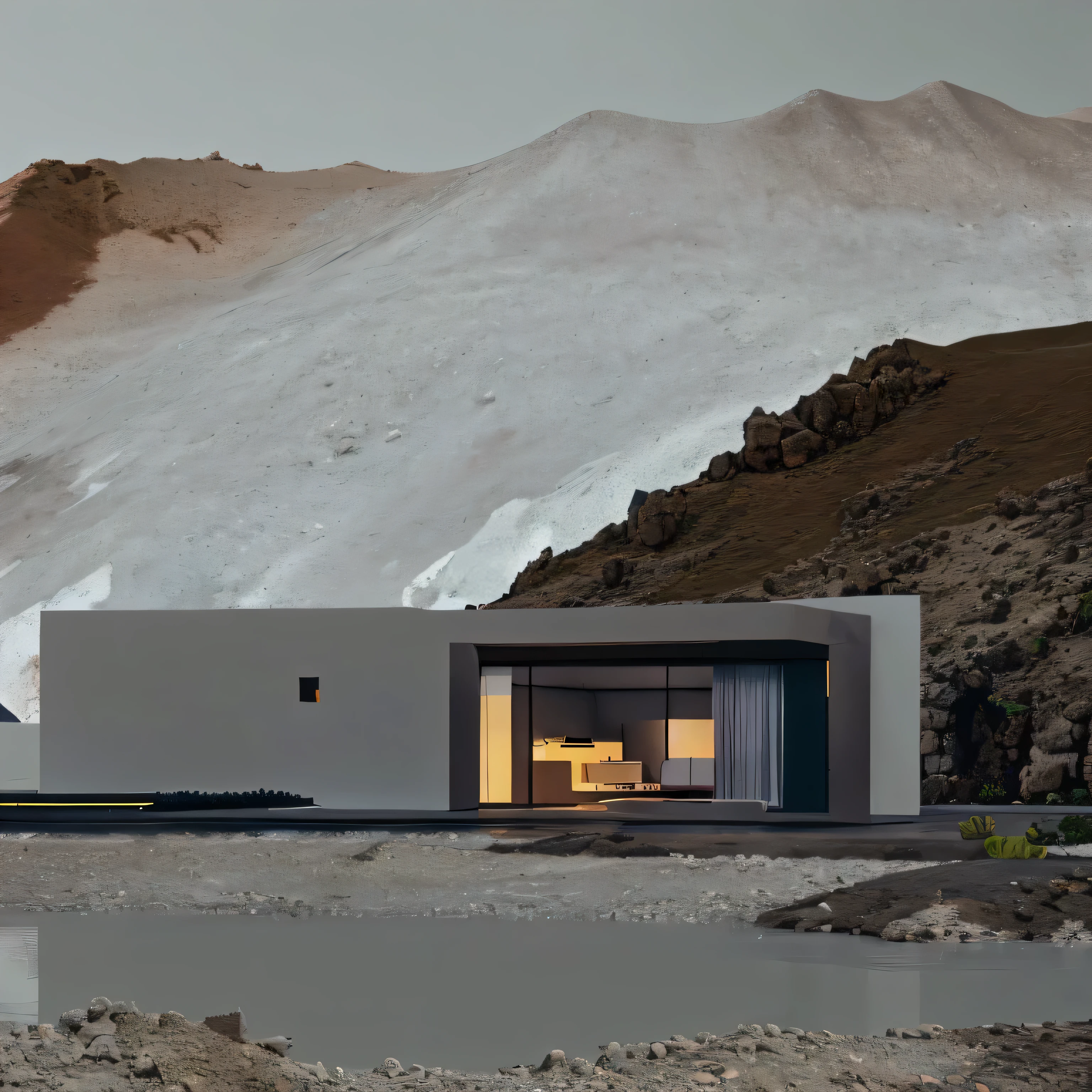 aerial view square concrete house in cobalt color with many mix holes in the wall, stream volcanic mountain, minimal, concept art, lighting inside house, 3d shadow, sculpture detailing, dark ambience, Contemporary art, Surrealism, glowing light, cinematic lighting, Minimalism, Luminism, high details, high quality, award winning, 4K, depth of fields