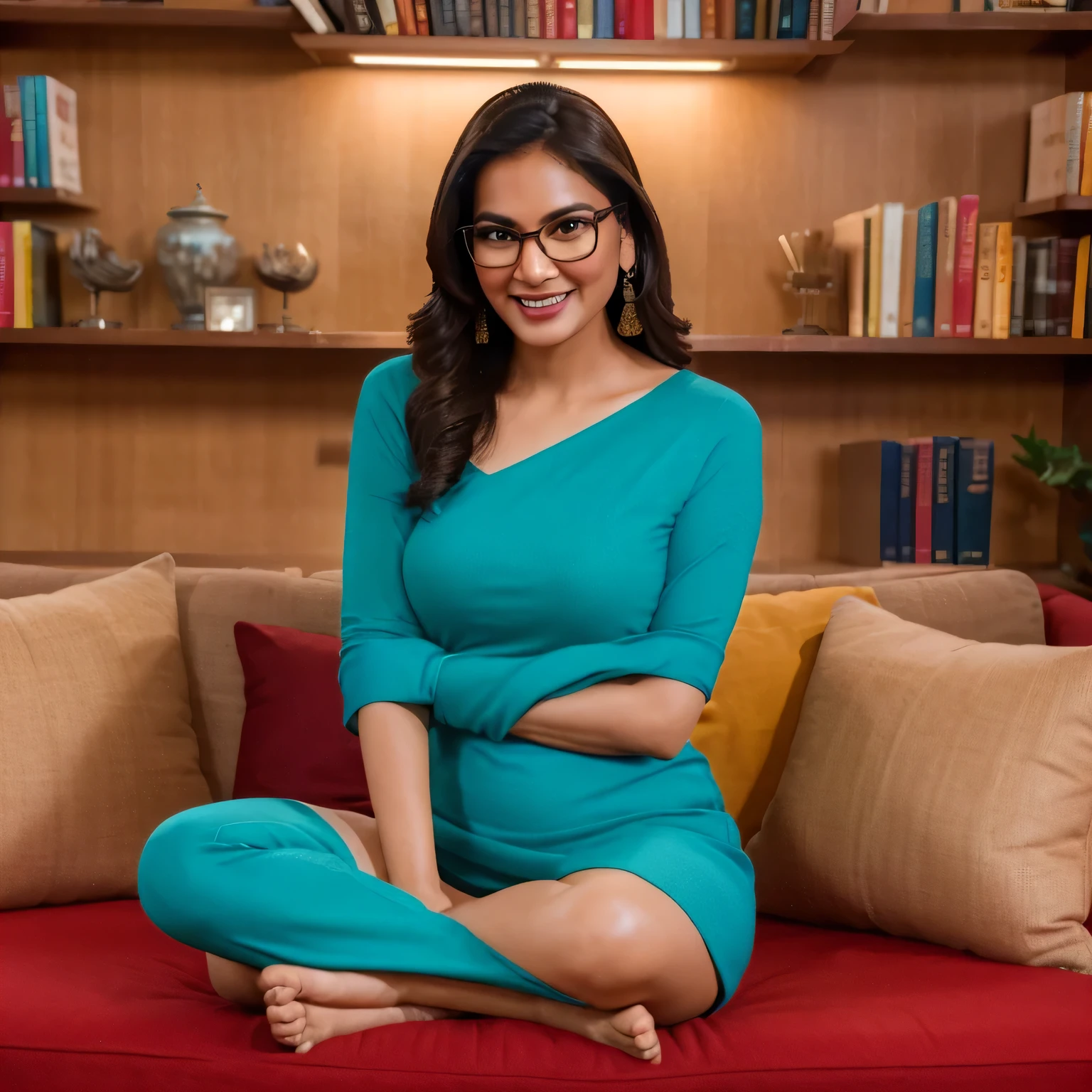 (a indian woman with a fair complexion, sitting alone on a sofa, smiling, books on shelves),highres,ultra-detailed,realistic,studio lighting,soft color palette,feminine,elegance,vivid colors,cozy atmosphere,bookworm, red color dresss, wearing blue jeans and specs tucked in top