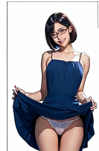 (masterpiece), (8k, best quality, high resolution), (ultra-detailed, realistic), (anatomically correct),
((from head to thighs)), (Standing), (No background),
(1woman), (looking at viewer), (lift the dress up to the navel),
(A Japanese woman, 30 years old and 155cm tall),
(black hair), (straight hair), (short hair style), ((bob cut)), (hair behind ears),
(wear glasses), ((black cell frame glasses)),
((Wear a navy blue spaghetti strap dress)), ((Mini length dress with a simple design and minimal decoration)),
(wear panties), ((white panties)),
(Create a detailed image of the eye),
(Her impression is pure, clean and kind.),
((A captivating smile, just showing a few teeth.)),