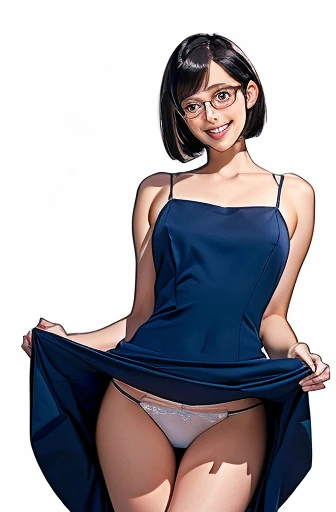 (masterpiece), (8k, best quality, high resolution), (ultra-detailed, realistic), (anatomically correct),  
((from head to thighs)), (Standing), (No background),
(1woman),  (looking at viewer), (lift the dress up to the navel),  
(A Japanese woman, 30 years old and 155cm tall), 
(black hair), (straight hair), (short hair style), ((bob cut)), (hair behind ears), 
(wear glasses), ((black cell frame glasses)), 
((Wear a navy blue spaghetti strap dress)), ((Mini length dress with a simple design and minimal decoration)), 
(wear panties), ((white panties)), 
(Create a detailed image of the eye), 
(Her impression is pure, clean and kind.), 
((A captivating smile, just showing a few teeth.)), 　 
