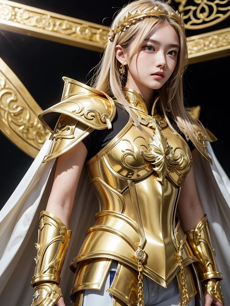 Attractive 18 year old Asian celebrity model, Light blonde hair, Close-up of a woman wearing only armor and a white cloak made of gold metal chains, Beautifully patterned gold armor, Sailor Galaxy, God Emperor of Mankind, She only wears golden armor, Saint Seiya, Gold Paladin, Light Gold Armor, welcome, Wearing only gold armor, Rotten metal, Wearing only shining gold armor, Gold Armor, Wearing only shining gold armor, The welcomes of gold, Charismatic, Model standing,The whole body shines like a diamond,Profile Shot