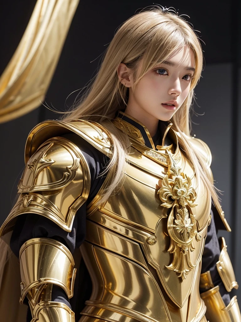 Attractive 18 year old Asian celebrity model, Light blonde hair, Close-up of a woman wearing only armor and a white cloak made of gold metal chains, Beautifully patterned gold armor, Sailor Galaxy, God Emperor of Mankind, She only wears golden armor, Saint Seiya, Gold Paladin, Light Gold Armor, welcome, Wearing only gold armor, Rotten metal, Wearing only shining gold armor, Gold Armor, Wearing only shining gold armor, The welcomes of gold, Charismatic, Model standing，The whole body shines like a diamond，Profile Shot