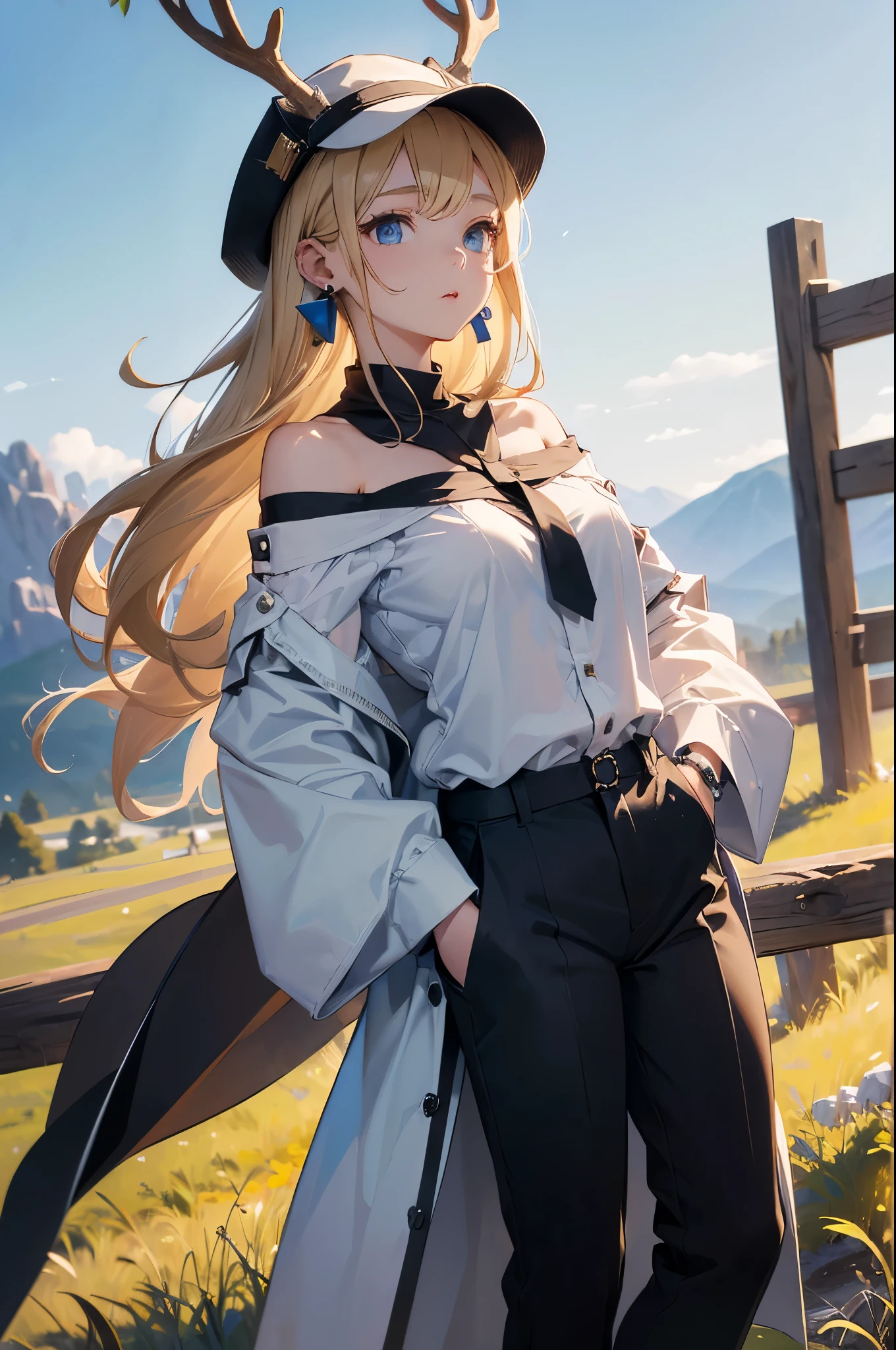 Top quality、Top image quality、masterpiece、girl((18 years old、White Off Shoulder Y-Shirt、Deer hunting hat、stylish long coat、Black pants、Best Bust、Bust 85、A blonde、long hair、blue eyes、Open your heart、valley、happiness、Black wristband on wrist、Slim、Earrings and Nipple Rings、The wind is blowing,Put your hands in your pockets、Change the audience&#39;s mindset、very cool expression)）high quality、Camera Film Style、background((tokyo night、Homicide scene))、depth(Police Officer、police caremen、ambulance、Nursing staff）On the table、Cool style、Well-designed，huge , Crazy breast swelling, Chest larger than shoulder blades, Big breasts and thin waist，(huge breasts:1.2)，Hydrated skin（（rogue））（（非常huge乳房）），（（Grooves reveal original skin））