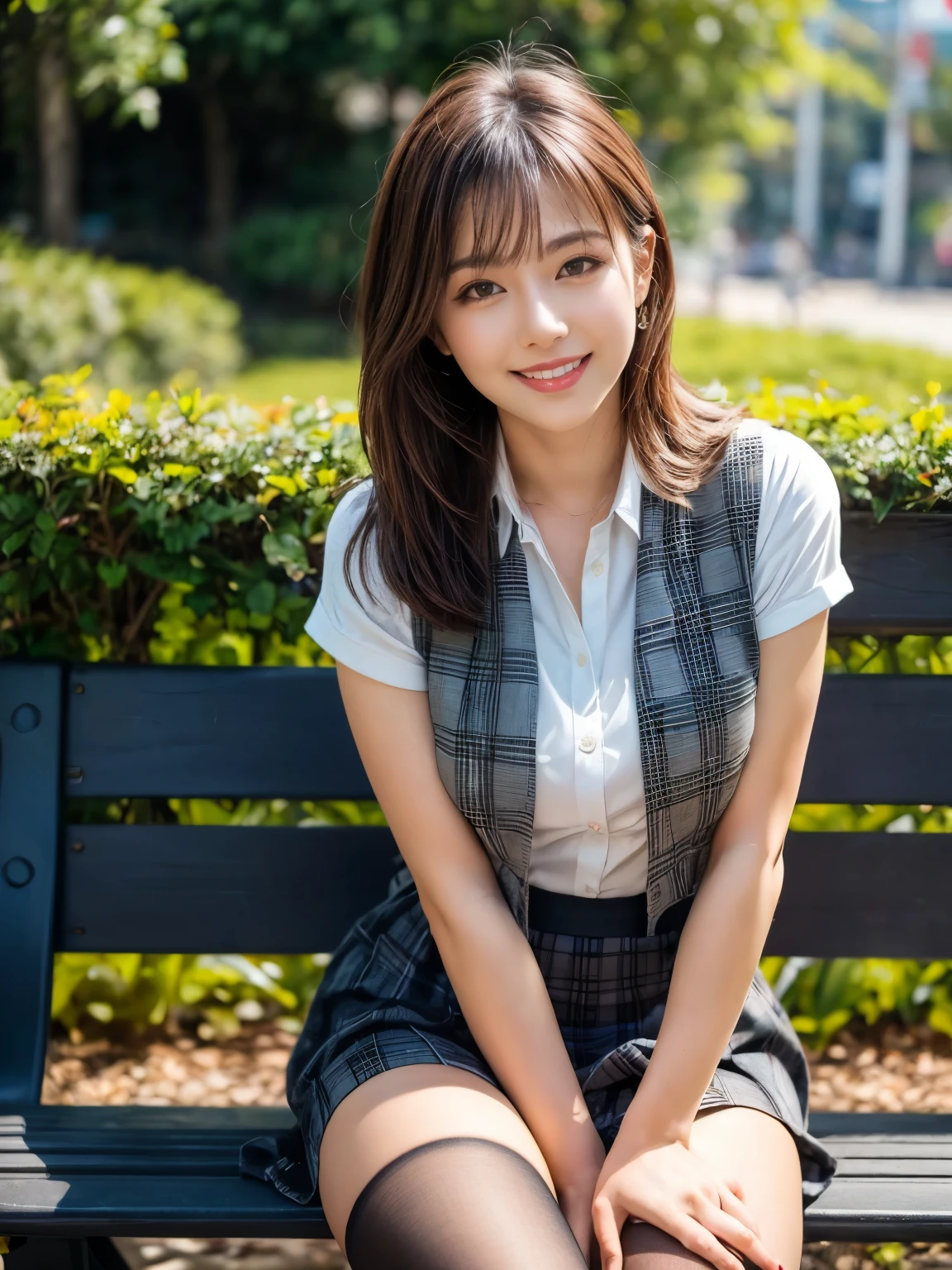 (((masterpiece))), (((highest quality: 1.4))), ((Super Detail: 1.4)) ,ulzzang-6500-v1.1, (RAW Photos:1.2), (Photorealistic),(Genuine: 1.4), (Mastepiece), highest quality, shape, Very detailed, finely, High resolution, 8k wallpaper, 完璧なダイナミックな構shape, Beautiful and detailed, (Plaid vest), , A tough challenge, (Ultra-realistic pantyhose:1.2), Skirt and medium hair,, Natural color lip, Bold sexy pose, Sitting on a park bench、(A very loving smile:1.2)、23-year-old woman、cute、sexy shot looking at camera, Realistic skin texture、Shiny skin、Exposed thighs!!! (Full Body Shot:1.4), Natural Skin Shader, Volumetric, Warm shades beneath her skin,
