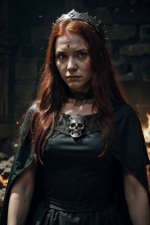 Lady Stoneheart, 45 years, milk-white skin, long rough unkempt red hair, part of the skull is bald, lots of black skin-marks, burning red eyes, no smile, angry look, bleeding from a lot of wounds, large sword cut at her throat, long medieval dirty blue dress, cape on her head, in her hands an iron crown, no jewels