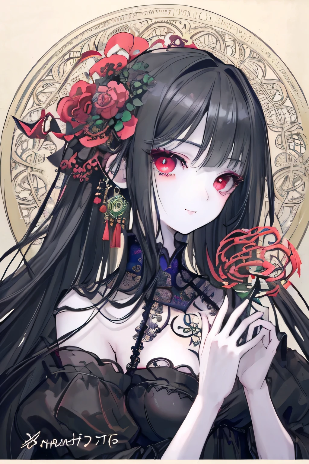 masterpiece: 1.7, highest quality、(Extremely detailed CG、Ultra-detailed、Best Shadow:1.1)、Picturesque、sketch、witch、Black Dress、Black Hair、Red eyes、Paper Texture、超A high resolution、Highly detailed face、Flat Color、Highly detailed eyes、Highly detailed face、Highly detailed face、Realistic、Limited palette、Low contrast、Best lighting、Beautiful woman、Light Smile、Blanche:1.6、(Tangle、Mandala、Tangle、Intertwined:1.1)