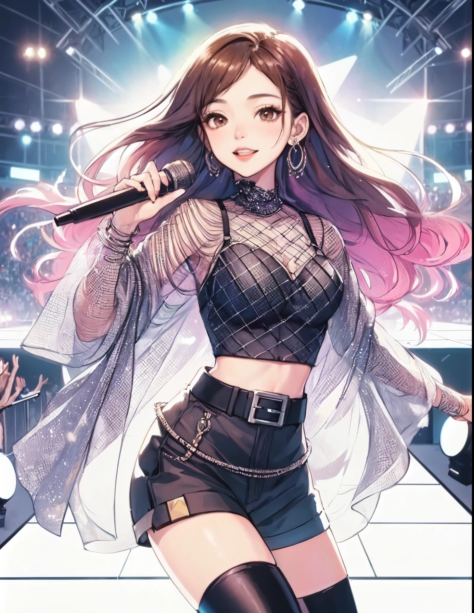 1lady solo, K-POP artist, (singing:1.2) (dynamic posing:1.2), (stylish outfit), mature female, /(brown hair/) bangs, light smile, (masterpiece best quality:1.2) delicate illustration ultra-detailed, large breasts BREAK (holding a microphone) BREAK (music stage) indoors, spotlight, audience, detailed background