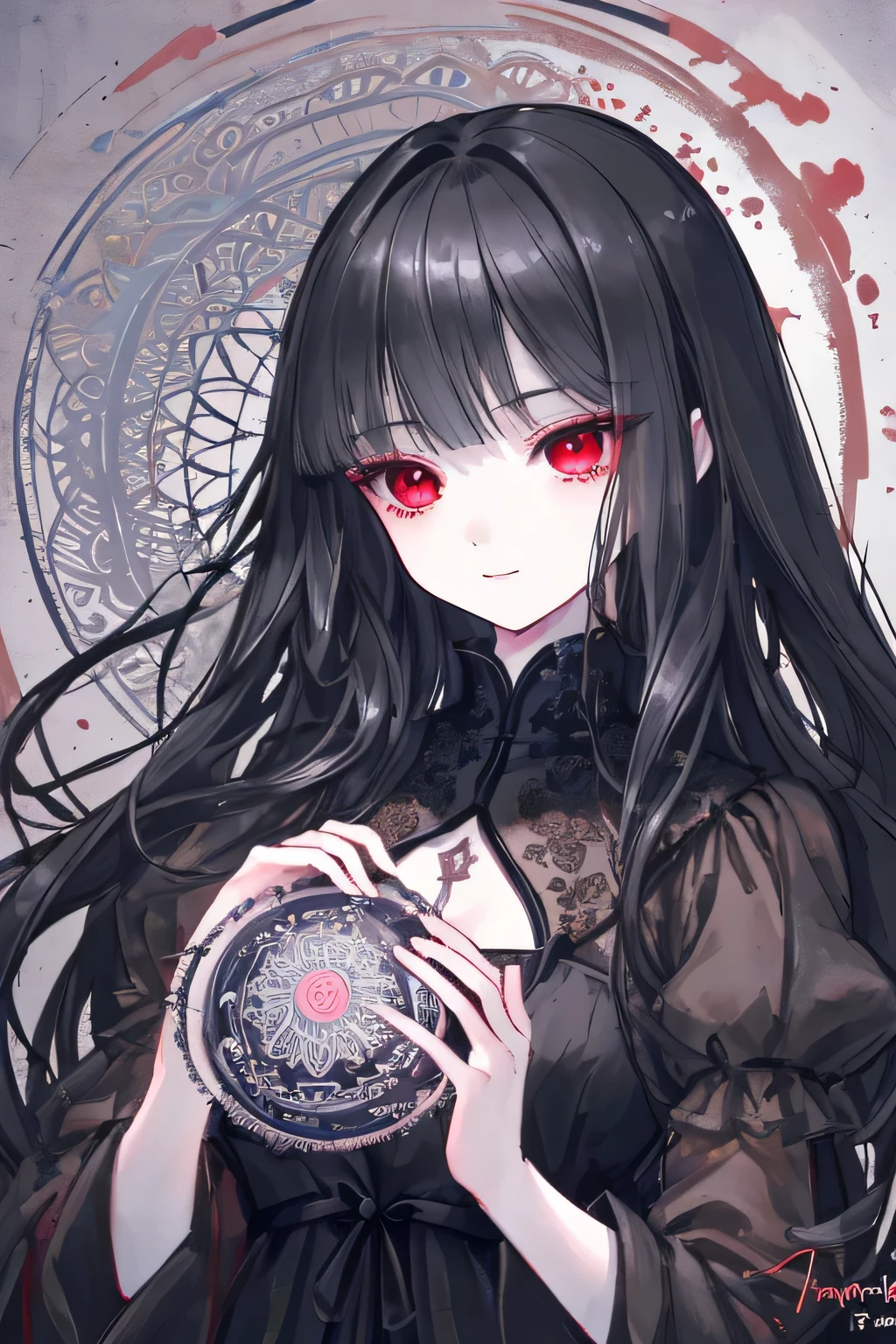 masterpiece: 1.7, highest quality、(Extremely detailed CG、Ultra-detailed、Best Shadow:1.1)、Picturesque、sketch、witch、Black Dress、Black Hair、Red eyes、Paper Texture、超A high resolution、Highly detailed face、Flat Color、Highly detailed eyes、Highly detailed face、Highly detailed face、Realistic、Limited palette、Low contrast、Best lighting、Beautiful woman、Light Smile、Blanche:1.6、(Tangle、Mandala、Tangle、Intertwined:1.1)