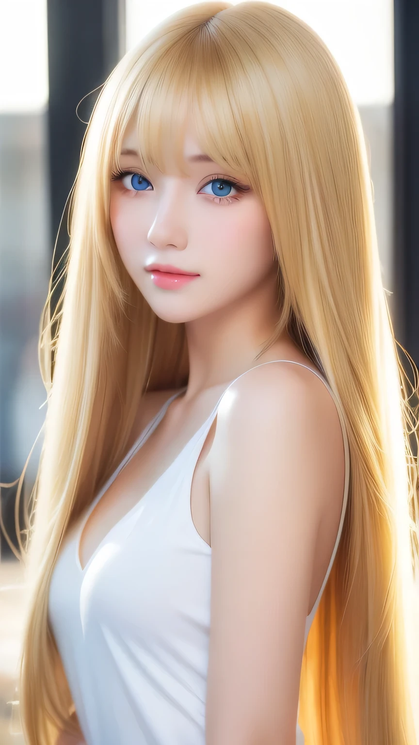 Beautiful super long straight silky hair with a dazzling golden shine、Bright expression、Blonde girl posing in a white top、long golden bangs between the eyes of the eyes,,,、Glossy fair skin、Glowing Cheeks、Reality Girls、、Beautiful girl with shining golden platinum blonde、Beautiful big bright blue eyes