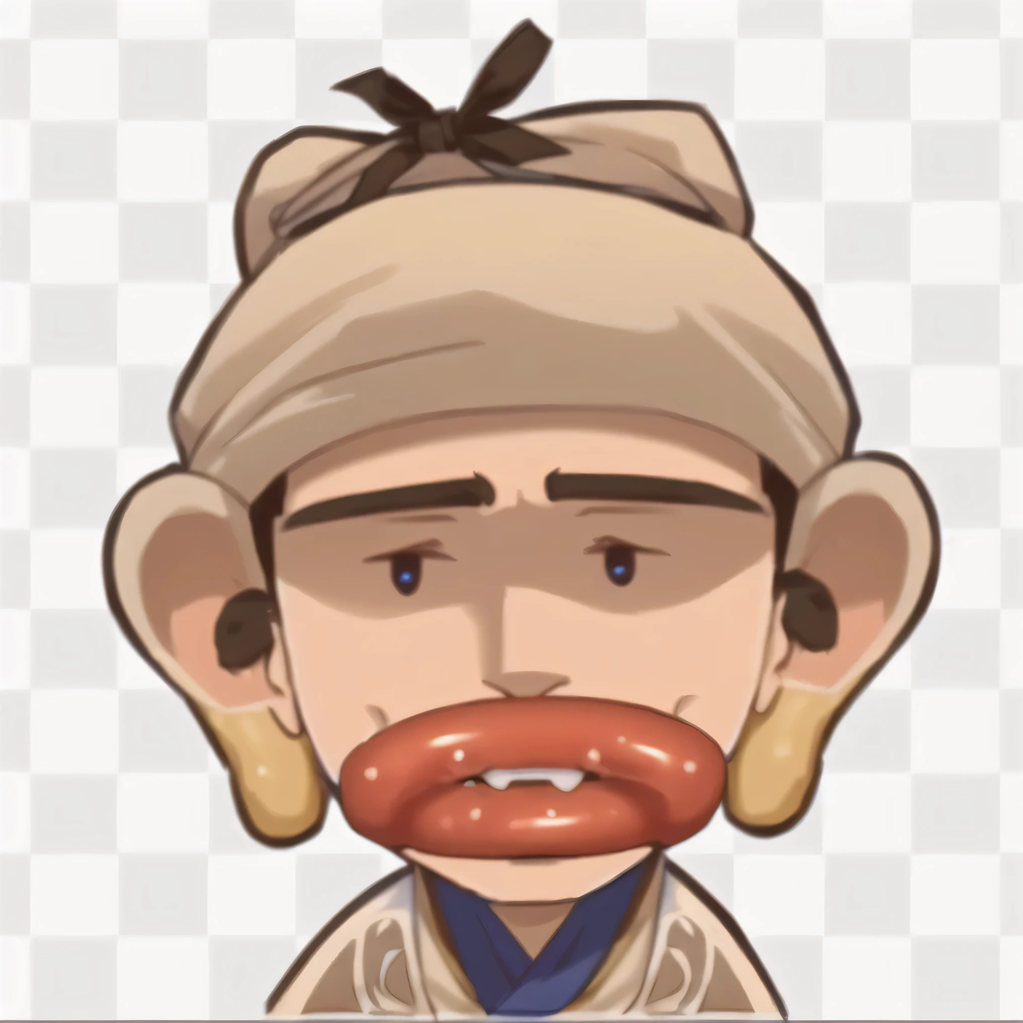 Sausage Mouth Avanti、Men in ancient costume,A young funny Men in ancient costume、Wearing a black hat、The upper and lower mouths are very big,very thick,Sausage mouth look