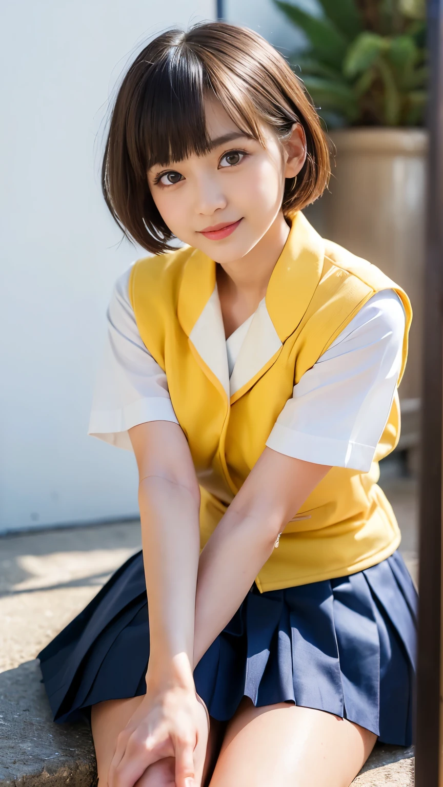 ((wearing white Japanese summer high-school uniform's shirt and navy-blue Japanese summer high-school uniform's pleated skirt over yellow swimsuit):1.3), Best-quality, Masterpiece, Ultra-High-Resolution, (Photorealistic:1.4), Raw Photo, depth of field, professional lighting, perfect anatomy, extremely details, 1girl, the most famous Japanese idol, sitting on stairs, ((extremely cute face, (((extremely cute and extremely big eyes))), extremely beautiful short-cut-haired, extremely beautiful skins)), realistic skin texture, extremely beautiful thighs, innocent-smile
